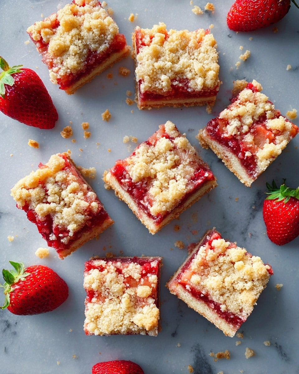 Seven square pieces of crumbly strawberry bars are spread out on a white marbled surface, each piece showing three visible layers: a light golden crumbly top with a rough texture, a middle layer of bright red strawberry filling that looks juicy and slightly chunky, and a pale, soft bottom crust. Around the bars are six whole fresh strawberries with green leaves, adding vibrant red and green colors to the scene. Small crumbs are scattered lightly across the surface, enhancing the casual, fresh feel of the arrangement. photo taken with an iphone --ar 4:5 --v 7