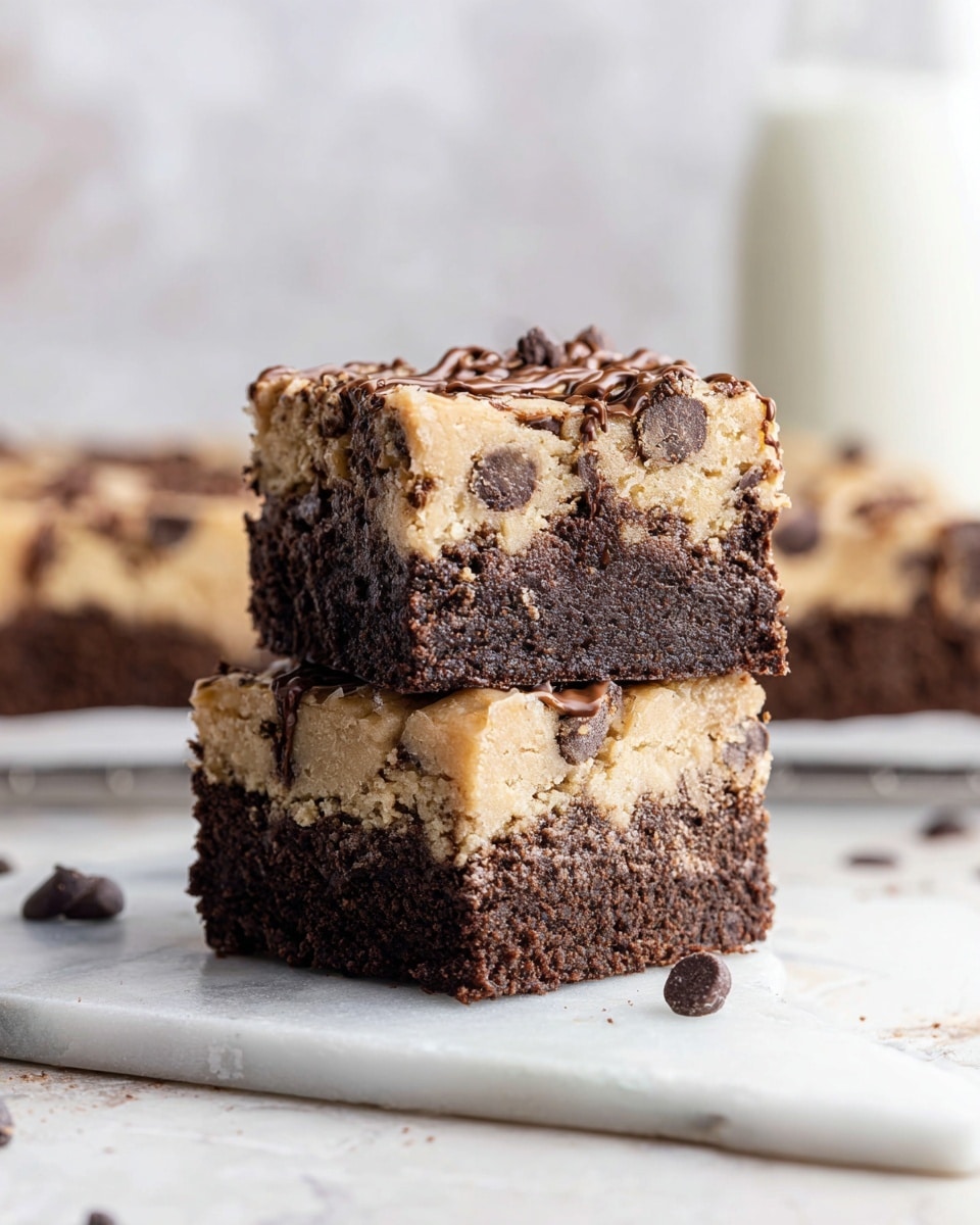 Two square dessert bars are stacked on top of each other on a white marbled surface. Each bar has two layers: the bottom layer is thick and dark brown with a dense, moist texture and visible chocolate chips embedded throughout it. The top layer is thick and light tan colored with a soft, crumbly texture and small chocolate chips mixed in. Light brown drizzle is scattered over the top layer. The background is softly blurred with a white marbled texture and a bottle of milk visible. Photo taken with an iphone --ar 4:5 --v 7