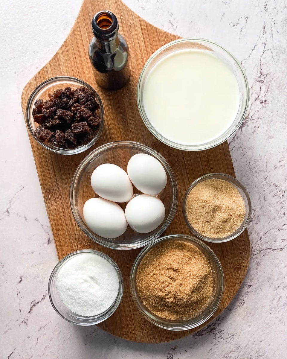 The image shows a wooden cutting board placed on a white marbled surface. On the board, there are six glass bowls arranged in a loose cluster: the top left bowl contains dark brown chunks, likely raisins; next to it is a small dark bottle; at the center top, a bowl filled with creamy white liquid, probably milk; to the right, a large glass bowl holds six white eggs; below the raisin bowl, a bowl with fine white sugar; lastly, at the bottom right, a bowl filled with light brown sugar. The scene is bright and clean, focusing on the ingredients before mixing, photo taken with an iphone --ar 4:5 --v 7
