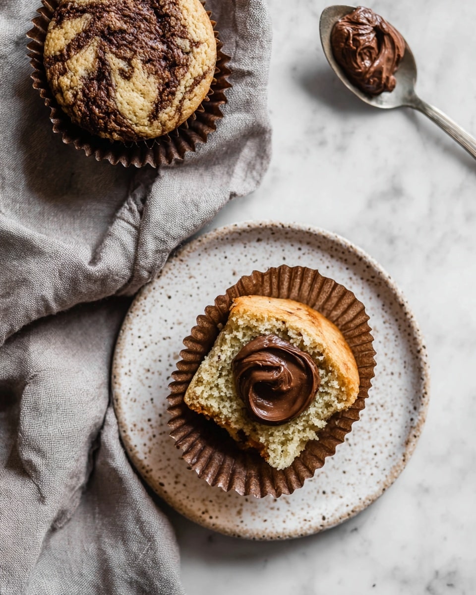 The image shows two cupcakes with brown paper liners on a white marbled surface. The one on the top left has a top swirl of light brown cake and darker chocolate mixed in a marble pattern. On a white speckled plate near the bottom center, one cupcake is open to show its light brown crumb texture inside, topped with a dollop of thick shiny chocolate cream in the center. Behind the plate, a gray cloth is spread out, and above the plate lies a silver spoon with a dollop of chocolate on it. photo taken with an iphone --ar 4:5 --v 7