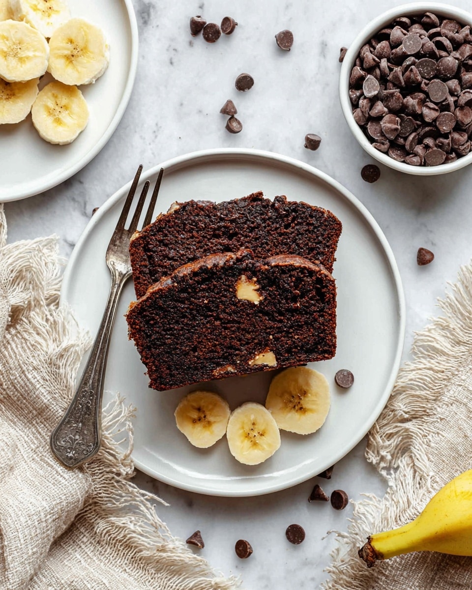A slice of dark brown chocolate banana bread sits on a white round plate, showing a dense and moist texture with light yellow banana pieces visible inside. Three circular slices of banana rest under the bread on the plate’s lower right side. A silver fork enters the frame on the left side of the plate, with its prongs touching the bread’s edge. Surrounding the plate, scattered dark brown chocolate chips and a few banana slices lie on a white marbled surface. In the top right corner, a small white bowl filled with dark chocolate chips is placed next to a beige loosely woven cloth with fringed edges. Another white plate with banana slices is partially visible in the top left corner. Photo taken with an iphone --ar 4:5 --v 7