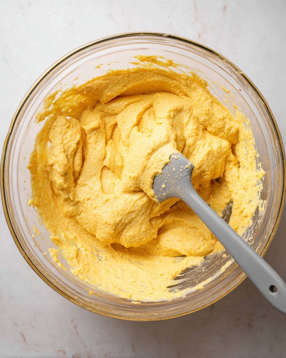 A clear glass bowl filled with a thick, yellow batter that has a slightly grainy texture. The batter is being mixed with a gray spatula with some batter clinging to it. The bowl is sitting on a white marbled surface, and some batter is spread around the inside edges of the bowl. The lighting highlights the rough texture and creamy thickness of the mixture. photo taken with an iphone --ar 4:5 --v 7