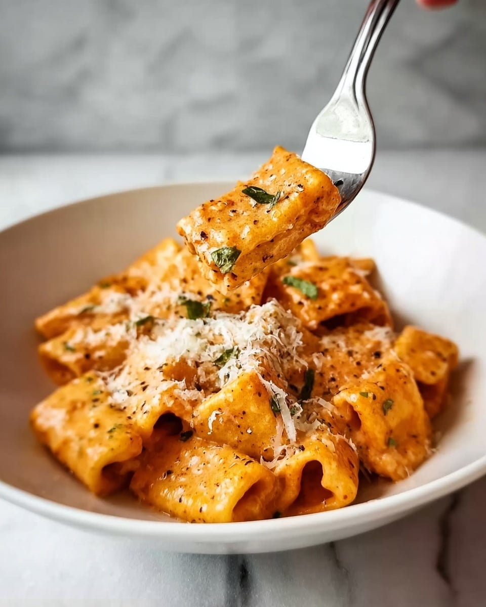 The image shows a close-up of creamy pasta on a white plate with a white marbled background. The pasta pieces are tube-shaped, coated in a smooth orange sauce with green herbs sprinkled on top. There is a small amount of grated white cheese grated over the pasta, adding texture and contrast. A fork with a silver handle is lifting three pasta pieces toward the camera, and a woman's hand holding the fork is partly visible. The light makes the sauce look shiny and fresh. photo taken with an iphone --ar 4:5 --v 7