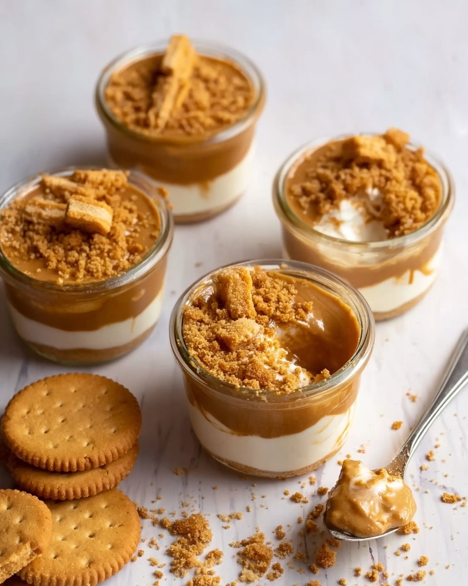 The image shows four small glass jars each filled with a layered dessert on a white marbled surface. Each jar has a base layer of creamy white filling, topped with a smooth, light brown layer that looks like caramel or butterscotch. On top of this is a layer of crumbled golden biscuit pieces, adding a crunchy texture. One jar has a spoon inside revealing the soft creamy layer beneath, and a woman's hand can be seen holding the spoon. Next to the jars there are three whole golden biscuits placed casually on the white marbled surface. The photo taken with an iphone --ar 4:5 --v 7
