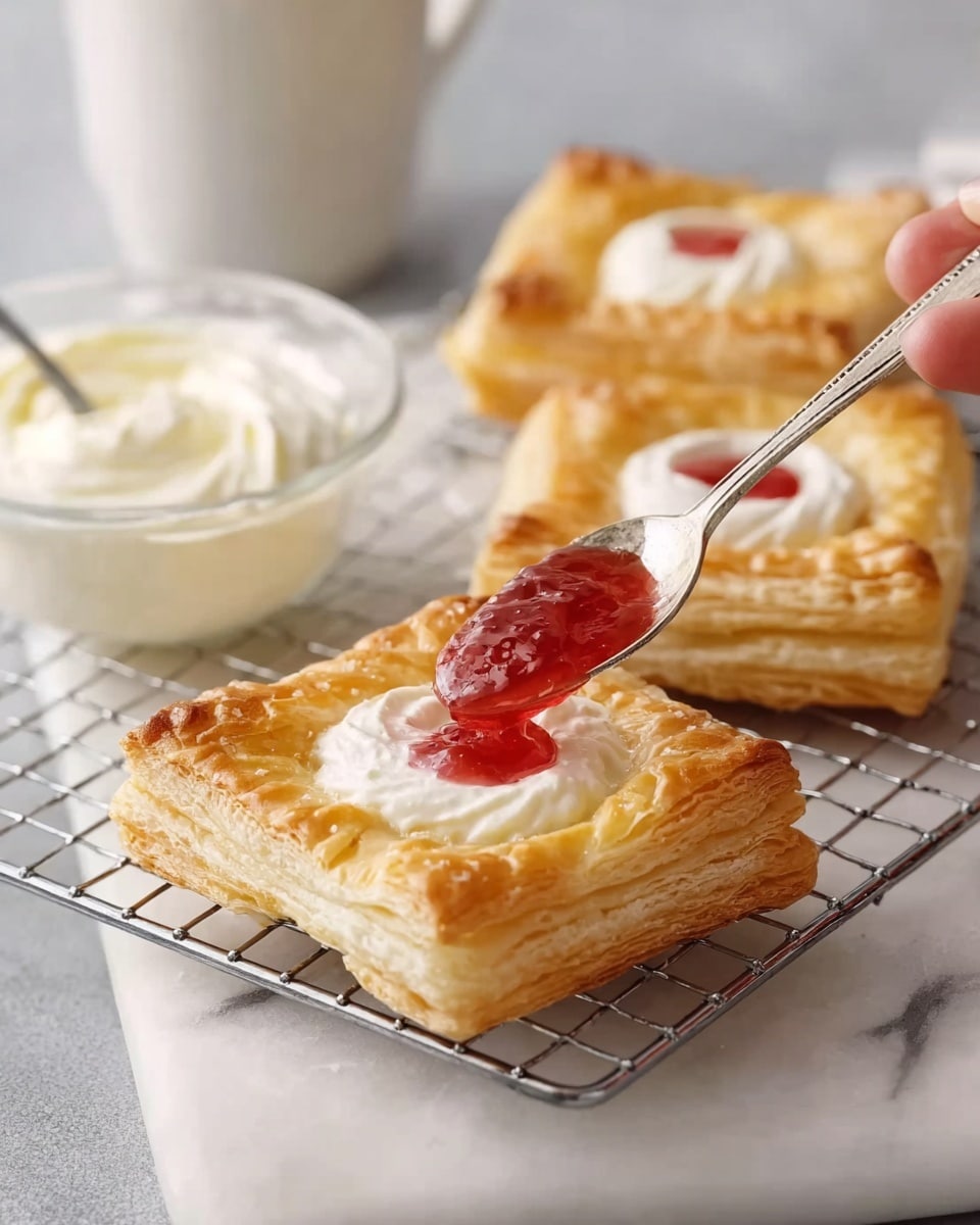 This image shows three square puff pastries on a white marble surface and a cooling rack. Each pastry has golden, flaky layers with slightly raised edges. The center holds a small amount of white cream. One pastry is being spread with a bright red jelly by a spoon held by a woman’s hand. Behind the pastries is a small glass bowl with more white cream and a blurred white cup in the background. The overall colors are warm and soft. photo taken with an iphone --ar 4:5 --v 7