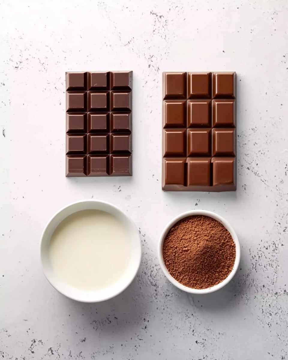 The image shows four food items placed on a white marbled surface. On the left is a dark chocolate bar with a grid pattern, smooth and shiny. On the right is a milk chocolate bar with larger, thicker segments, also smooth and glossy. Below these bars, near the center, is a white bowl filled with a creamy white liquid, smooth in texture, likely milk or cream. Above this bowl, slightly to the right, is a smaller white bowl filled with finely ground brown powder, textured like cocoa or coffee. The layout is clean and simple, with the colors contrasting nicely against the white marbled background. photo taken with an iphone --ar 4:5 --v 7
