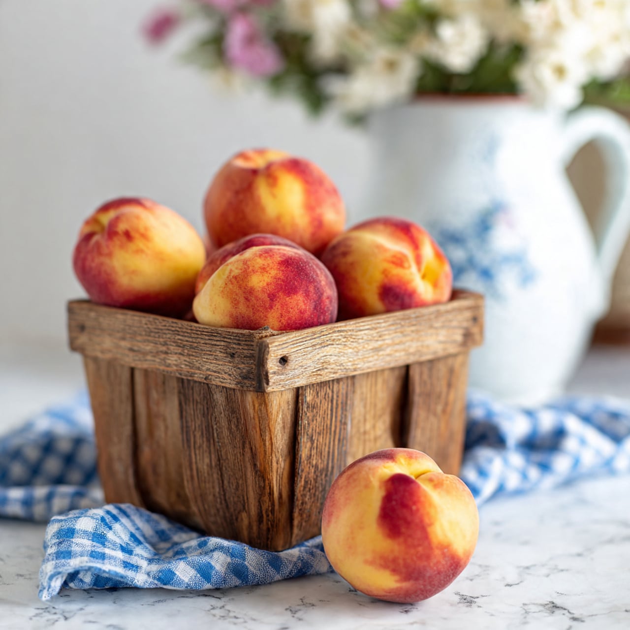 A small wooden basket filled with soft fuzzy peaches that are mostly yellow with a red blush, sitting on a white marbled surface with a blurred white pitcher with flowers in the background. One peach is in front on a blue and white checkered cloth, showing a light yellow and red color. The photo focuses on the peaches causing the background to be soft and out of focus. photo taken with an iphone --ar 4:5 --v 7