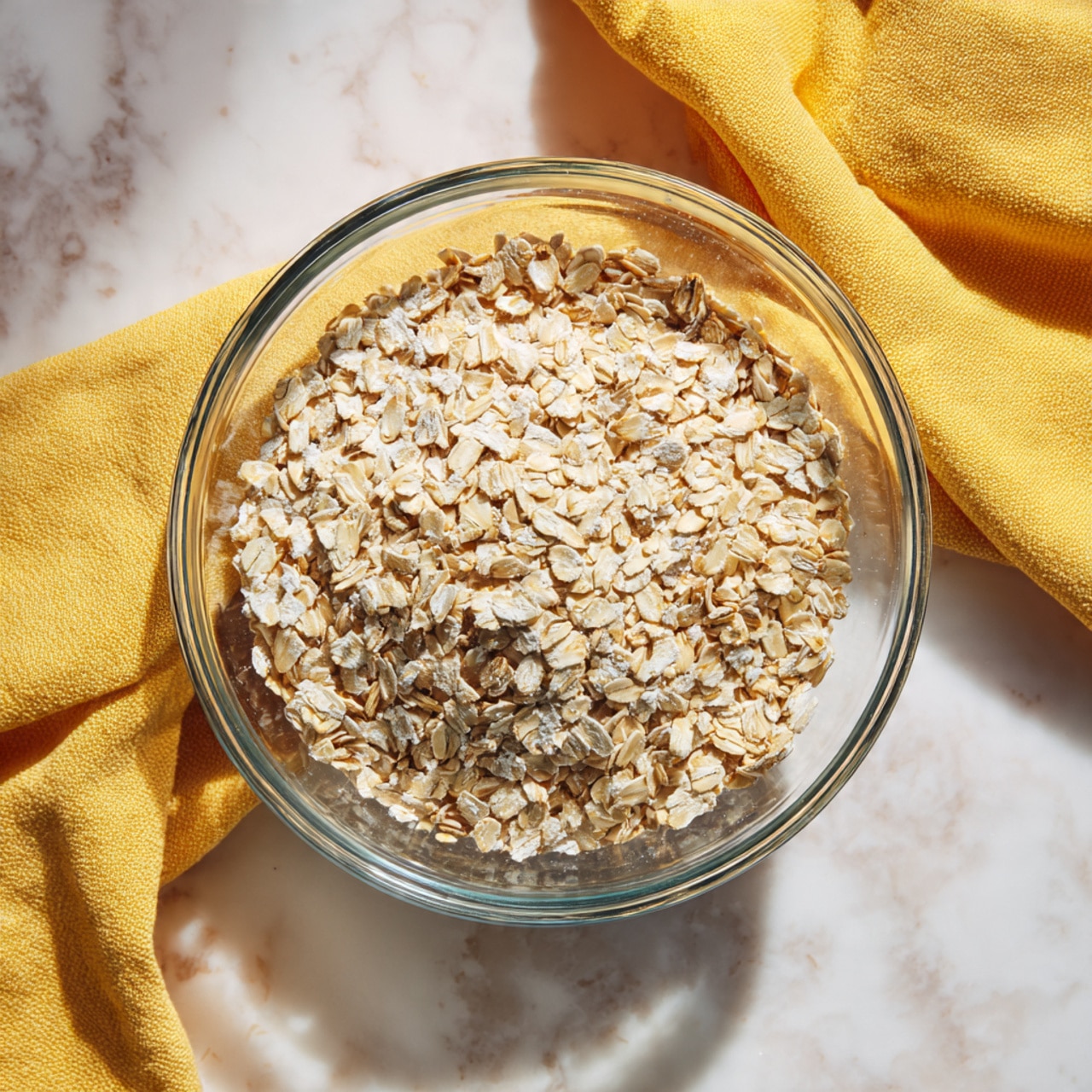 A clear glass bowl sits on a white marbled surface with a yellow cloth to the upper right. Inside the bowl, there is a mixture of dry, crumbly oat flakes and fine brown crumbs, creating a rough, uneven texture. The oats are light tan with some white pieces scattered throughout, giving a layered look of coarse and fine bits evenly spread across the bowl. The scene is bright and clean. photo taken with an iphone --ar 4:5 --v 7