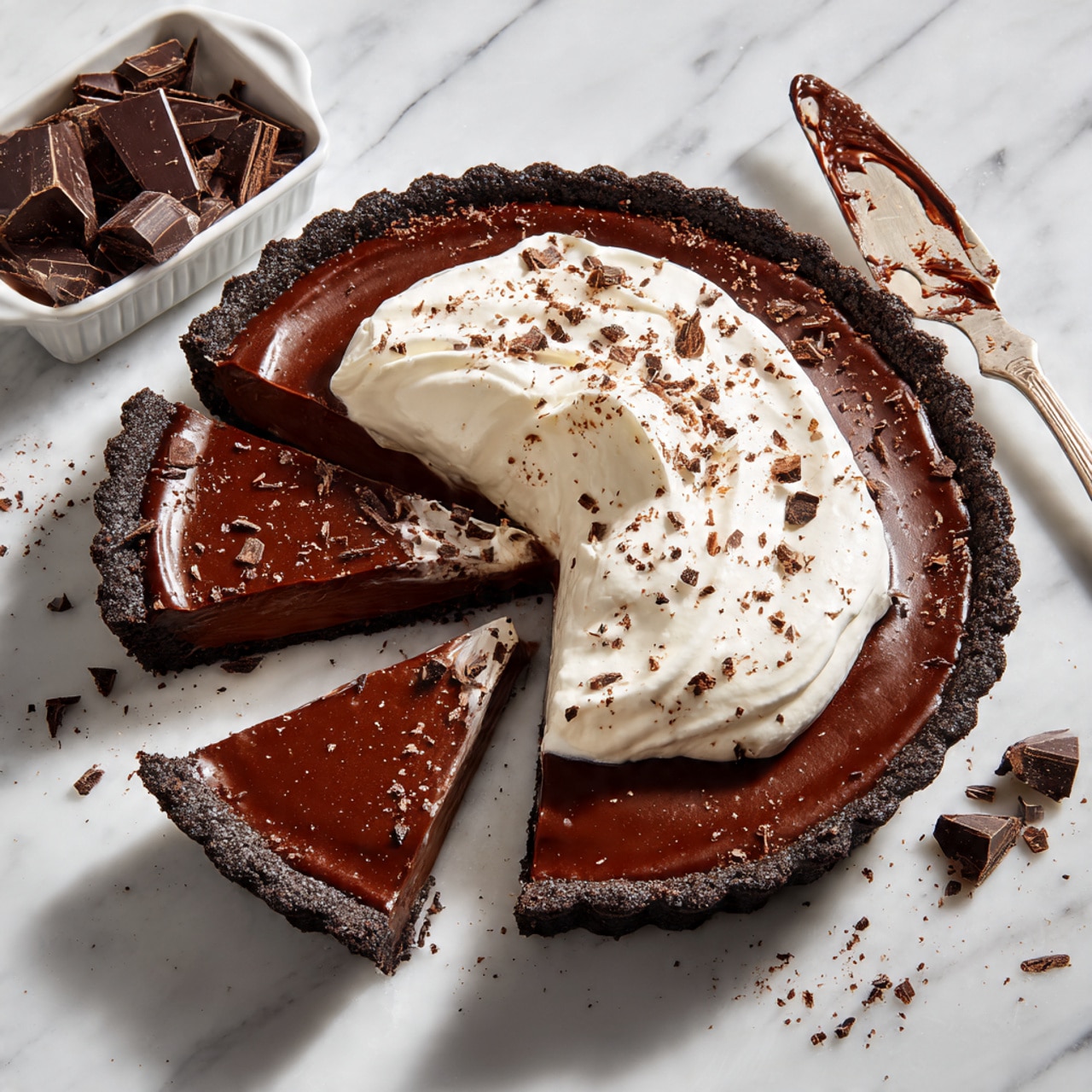 A slice of pie sits on a small white oval plate with ridged edges, placed on a white marbled surface. The pie has three visible layers: a dark, crumbly chocolate crust at the bottom, a thick and smooth milk chocolate middle layer, and a fluffy white whipped cream top layer dusted lightly with chocolate crumbs. A silver fork with an ornate handle rests beside the pie slice, holding some chocolate filling on its tines. The photo taken with an iphone --ar 4:5 --v 7