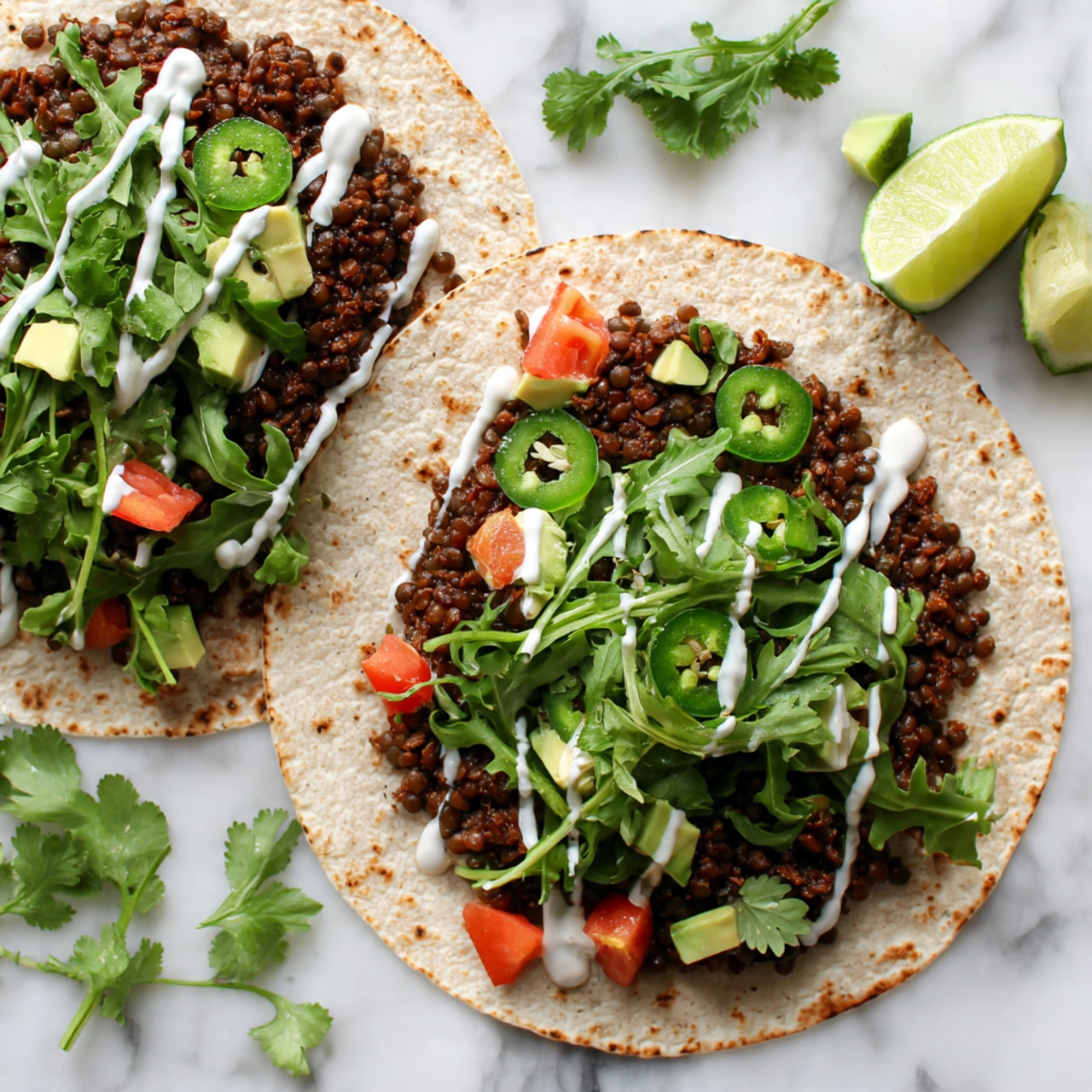 Three small corn tortillas with light charring on edges are placed on a white plate. Each tortilla is folded and filled with brown lentils, topped with a dollop of white sour cream, green jalapeño slices, small pieces of red onion, and fresh green cilantro leaves. Two lime wedges sit on the side of the plate. Around the plate, there are small white bowls with diced avocado, sliced jalapeños, sour cream, and more lime wedges. The whole setup is on a white marbled surface with scattered cilantro leaves. Photo taken with an iphone --ar 4:5 --v 7