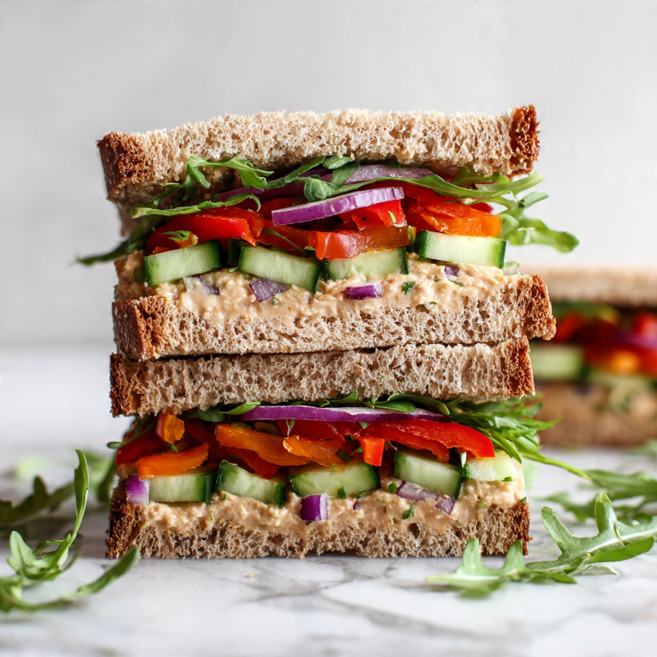 The image shows a tall sandwich with three layers of light brown whole grain bread stacked on a white marbled surface. Each sandwich section has fresh green arugula leaves, thin red tomato slices, green cucumber slices, and small pieces of purple onion visible. There is a creamy light beige spread on the bread under the vegetables and some bright red sauce on top of the spread. Extra arugula leaves are scattered around the sandwich on the surface. The photo taken with an iphone --ar 4:5 --v 7
