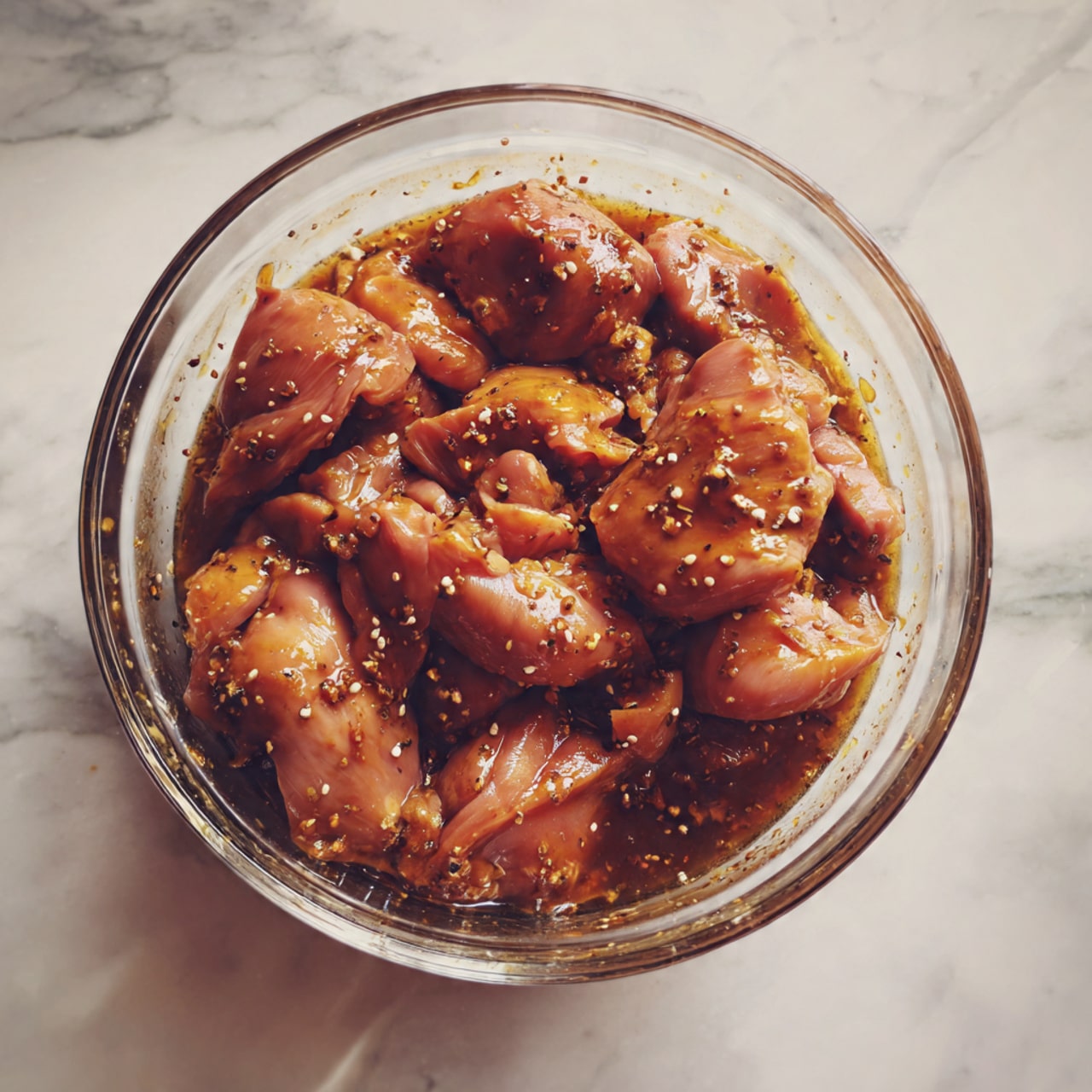 A clear glass bowl filled with raw light pink chicken pieces completely covered in a shiny brown marinade sauce with small visible spices. The bowl rests on a white marbled surface, and the chicken pieces look soft and fresh, soaking in the sauce that has a slightly oily texture. photo taken with an iphone --ar 4:5 --v 7