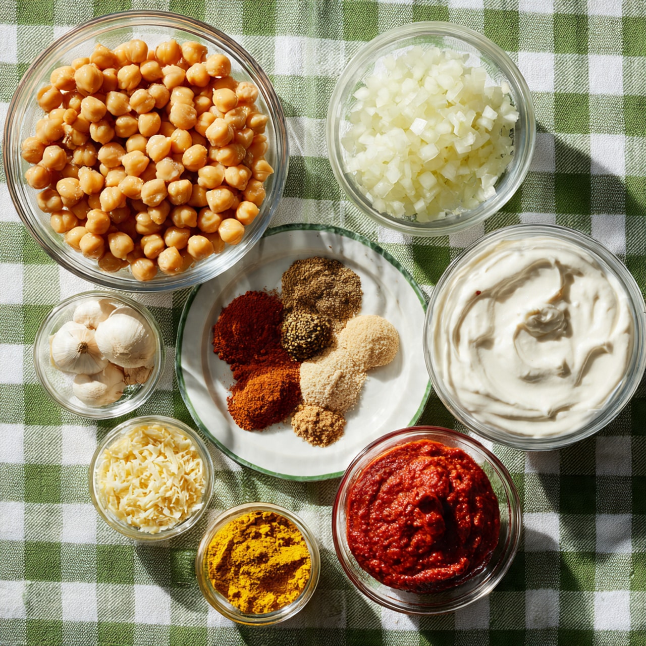 The image shows nine clear glass bowls arranged on a green and white checkered tablecloth with a white marbled texture background. The largest bowl at the top left holds light brown chickpeas, round and shiny. To its right is a smaller bowl filled with finely chopped white onion. Below the chickpeas is a small bowl of white coconut oil with a soft, creamy texture. Next to it on the right is a small bowl of bright red tomato paste with a thick, smooth surface. In the center is a medium bowl with a blend of brown, red, and yellow spices arranged separately on a white plate. Above it, a tiny bowl contains brown powdered spice. To the right of the spices, there are two small bowls, one with beige-yellow grated ginger and another with finely chopped white garlic. At the bottom right is a large bowl filled with thick white coconut milk that looks creamy and smooth. photo taken with an iphone --ar 4:5 --v 7