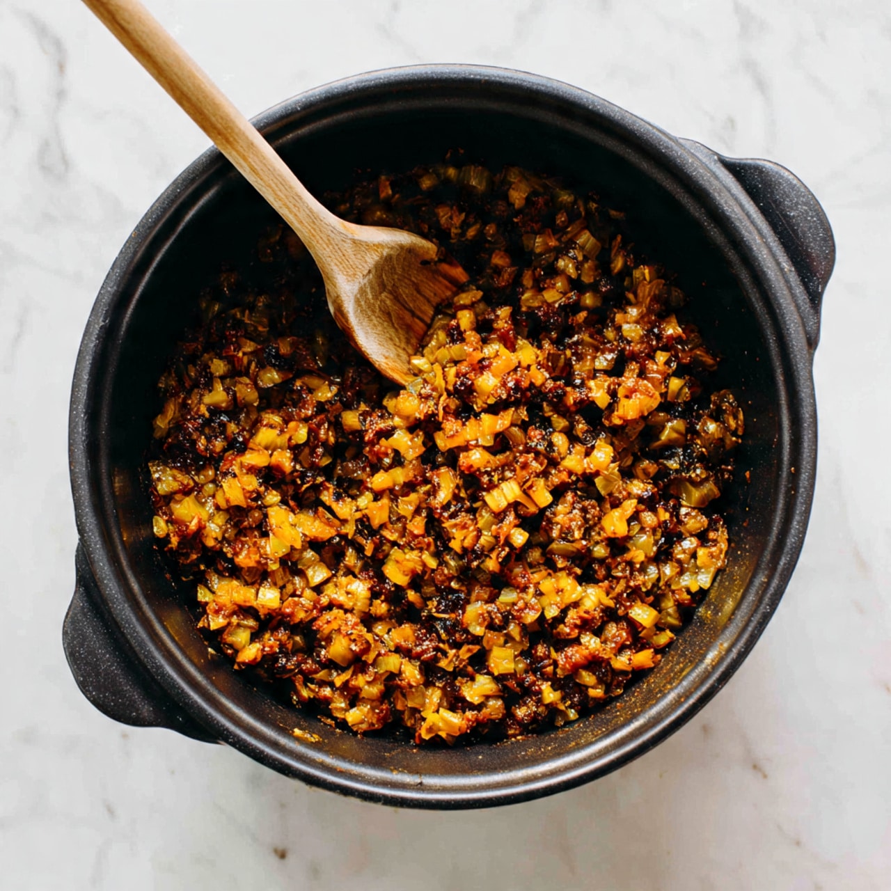 The image shows a black round cooker pot filled with a mixture of chopped light brown and yellow pieces, likely cooked onions and spices, with a wooden spoon resting inside the pot. The texture of the food looks soft and a bit saucy with visible chunks throughout. The pot is behind a white marbled surface that it sits on, and the overall scene emphasizes the warm golden colors of the cooked ingredients inside the pot. photo taken with an iphone --ar 4:5 --v 7