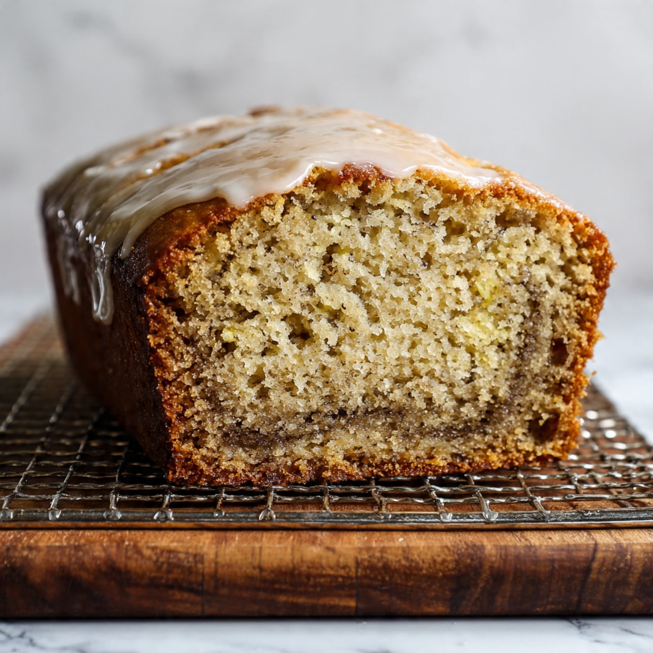 A close-up view of a loaf of banana bread with two visible layers, resting on a silver cooling rack that sits on a wooden board. The bottom layer is a darker brown marbled section running through the bread's middle, surrounded by a lighter, soft-looking tan crumb with small air holes, and the crust is golden brown with a textured surface. The top of the loaf has a light white icing drizzle unevenly spread across the bread’s ridges, giving it a slightly shiny look. The background and surface are white marbled texture. photo taken with an iphone --ar 4:5 --v 7