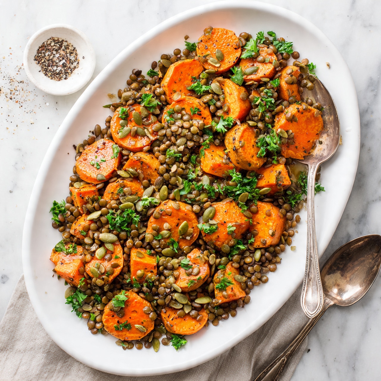 The image shows a white rectangular dish filled with a roasted vegetable salad. The salad has three main layers: golden-orange roasted sweet potato cubes with a slightly crispy texture, light tan chickpeas scattered throughout, and small dollops of white creamy cheese spread across the top. Green herbs are sprinkled over the salad, adding a fresh touch, along with some pumpkin seeds hanging around for texture. The dish rests on a white marbled surface. Photo taken with an iphone --ar 4:5 --v 7