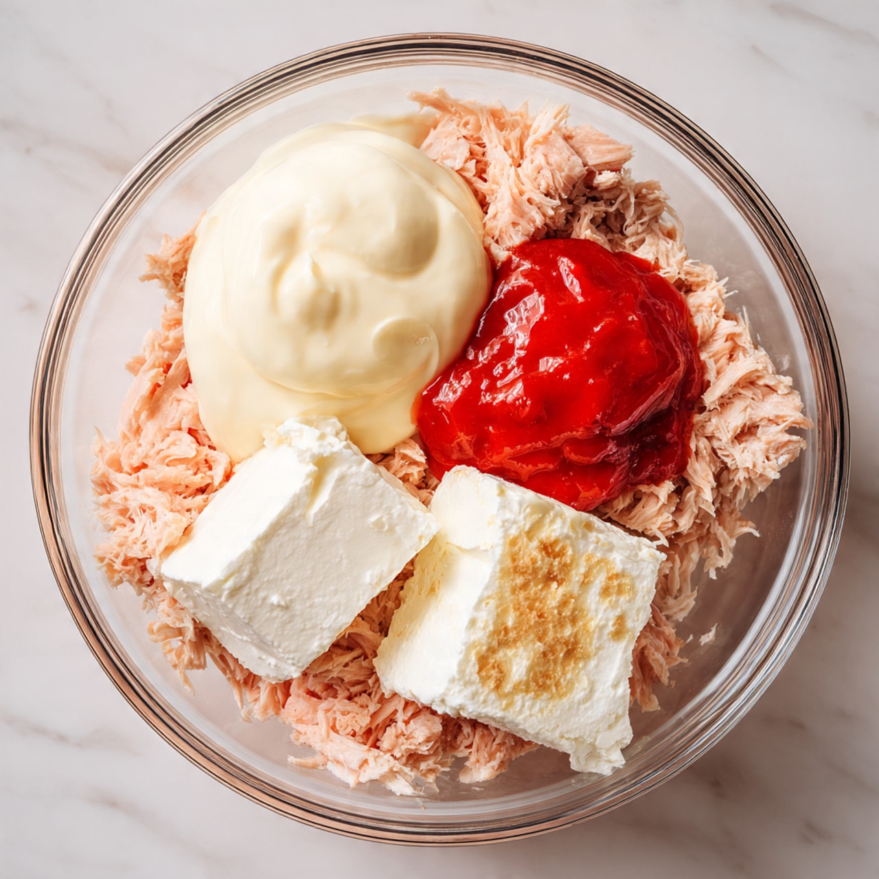 A clear glass bowl sits on a white marbled surface, holding four main layers of ingredients. The bottom layer is made of shredded light pink salmon. On top, there is a smooth, creamy off-white layer of mayonnaise. Next to this is a bright red dollop of sauce, slightly wet in texture. Near the sauce, there are two small blocks of white cream cheese, one slightly toasted on top. The bowl's contents are arranged but not mixed. Photo taken with an iphone --ar 4:5 --v 7