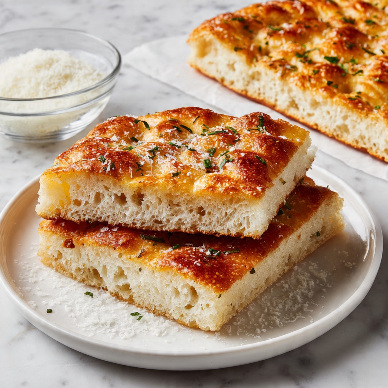 Two rectangular pieces of golden brown focaccia bread rest stacked on a white plate. The bread shows a light, fluffy inside with a slightly crispy, bubbly crust sprinkled with coarse salt and small green herb bits. Behind the plate, a larger rectangular focaccia piece sits on white paper, and to the side, a small clear glass bowl holds finely grated white cheese. The setting is on a white marbled textured surface. Photo taken with an iphone --ar 4:5 --v 7