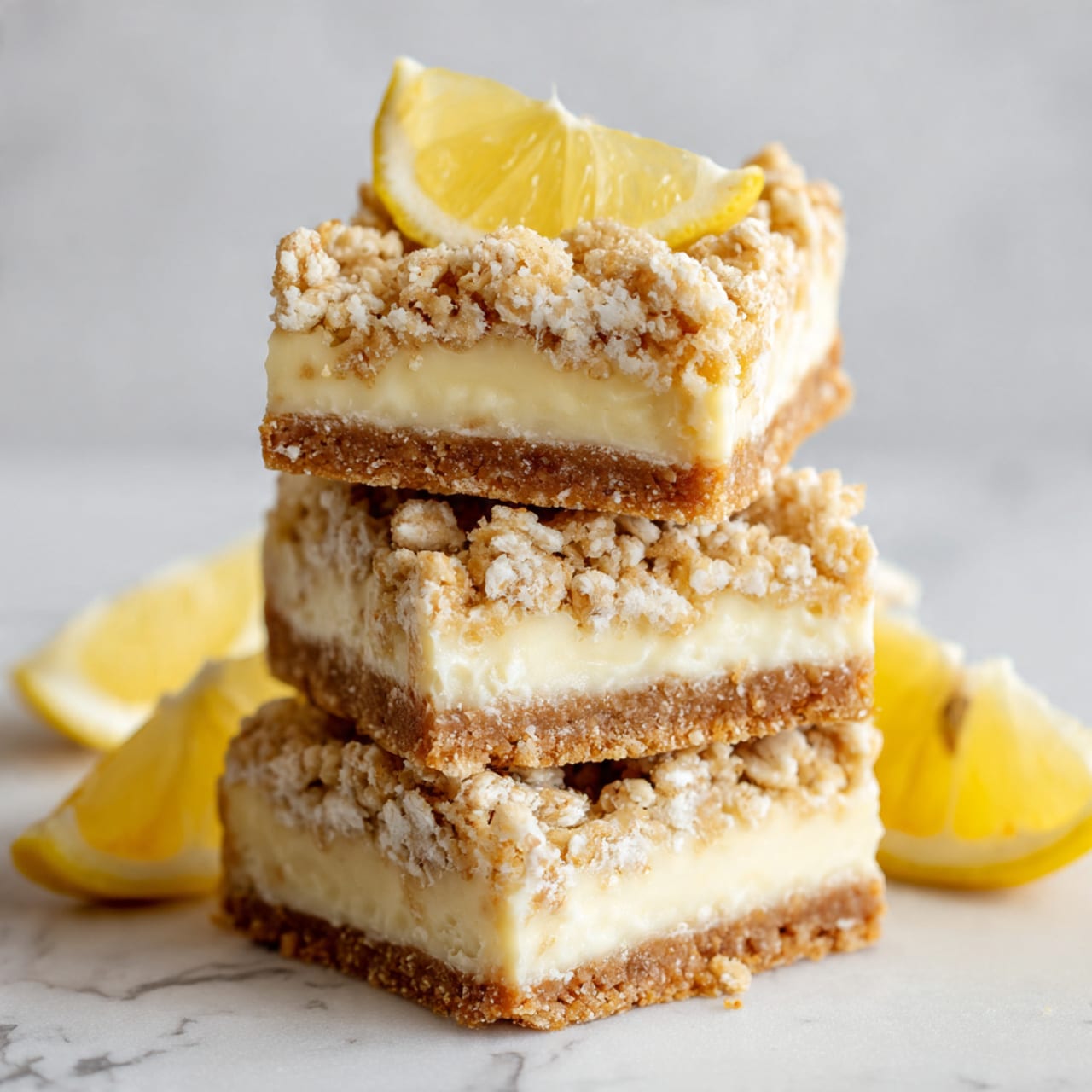 The image shows two square lemon crumb bars stacked on top of each other on a white plate. Each bar has three visible layers: a crumbly golden brown oat crust at the bottom, a smooth pale yellow lemon filling in the middle, and a thick crumbly oat topping with visible oat flakes on top. To the side of the plate, there is a small wedge of lemon adding a touch of bright yellow. The rough texture of the crumb layer contrasts with the creamy middle layer. The plate sits on a white marbled surface. Photo taken with an iphone --ar 4:5 --v 7