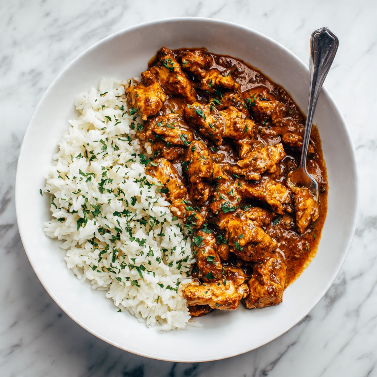 A white bowl holds three main layers: on the left side, fluffy white rice sprinkled with small green herb pieces; on the right side, a rich orange-red curry sauce filled with tender chunks of meat and topped with chopped green herbs; behind the curry, a piece of lightly browned flatbread rests at an angle. A silver fork, held by a woman's hand, lifts a mix of white rice and curry, showing the textures clearly. The bowl sits on a white marbled surface, and the image is bright and clear. photo taken with an iphone --ar 4:5 --v 7