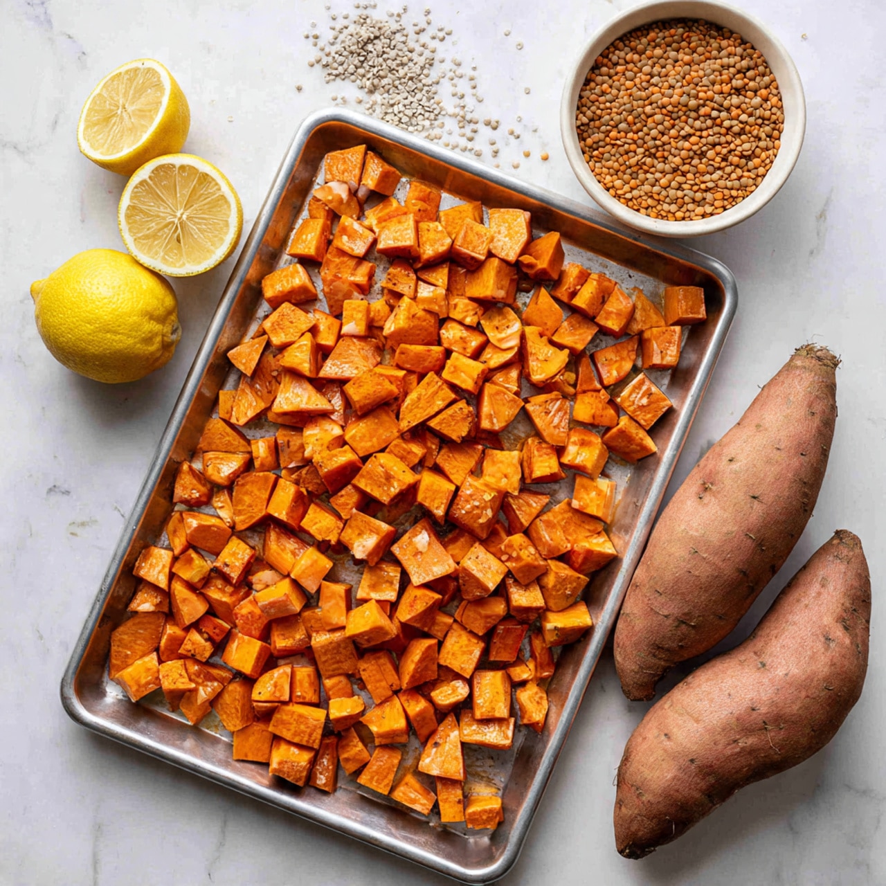 The image shows an aluminum baking tray filled with many pieces of orange sweet potato chunks spread evenly across the surface. To the top left of the tray is a lemon cut in half and a whole lemon beside it. On the top right side of the white marbled surface, there is a small white bowl filled with dry lentils. To the far right, two whole sweet potatoes with a brown skin lie on the white marbled background. The scene is bright and clean, highlighting the fresh vegetables and ingredients. photo taken with an iphone --ar 4:5 --v 7