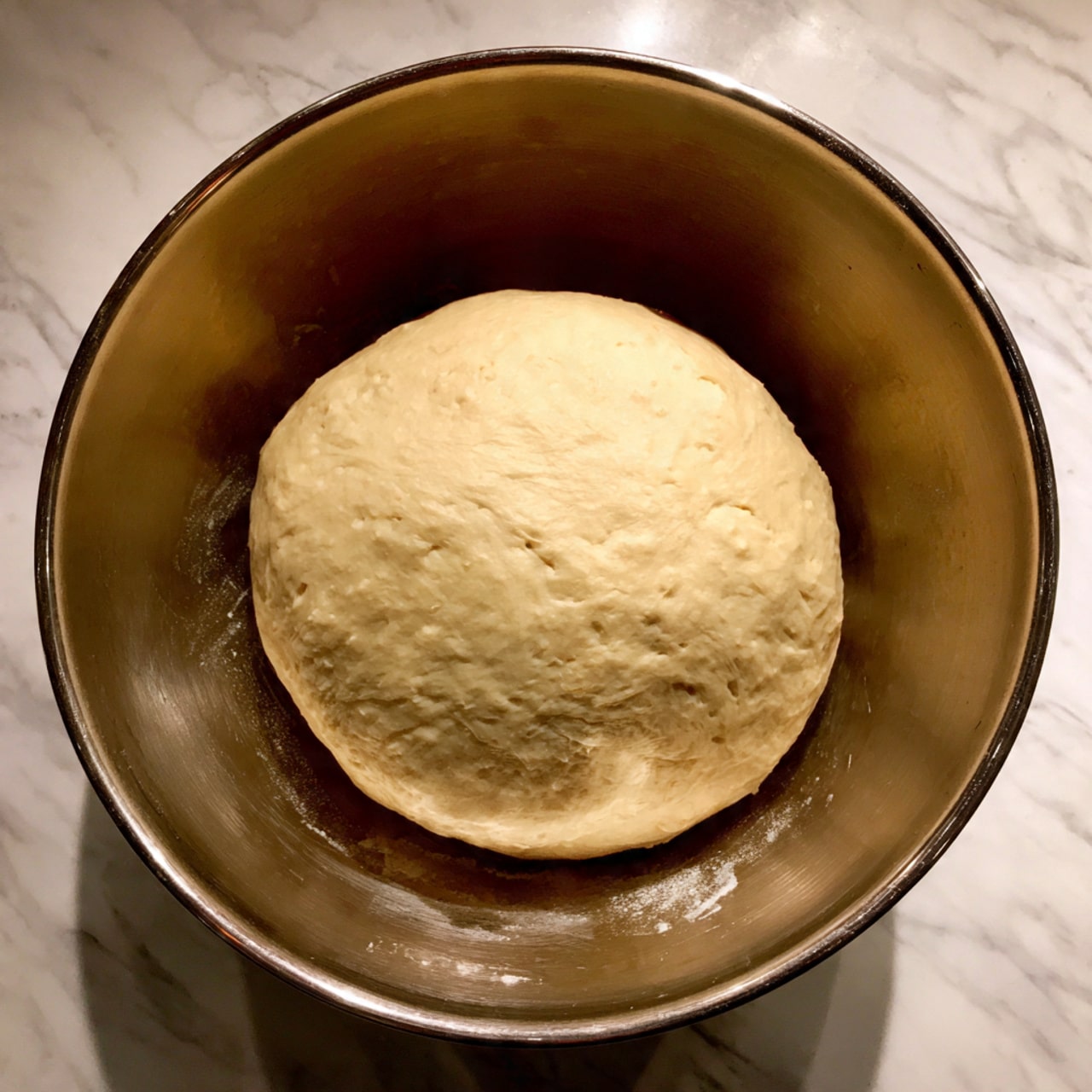 The image shows a single round ball of dough resting inside a shiny silver metal bowl. The dough is smooth and pale cream in color, filling most of the bowl with a soft, slightly puffy texture. The bowl's curved sides reflect a bit of light, and the background is a white marbled texture. There is no other food or object visible in the image. photo taken with an iphone --ar 4:5 --v 7