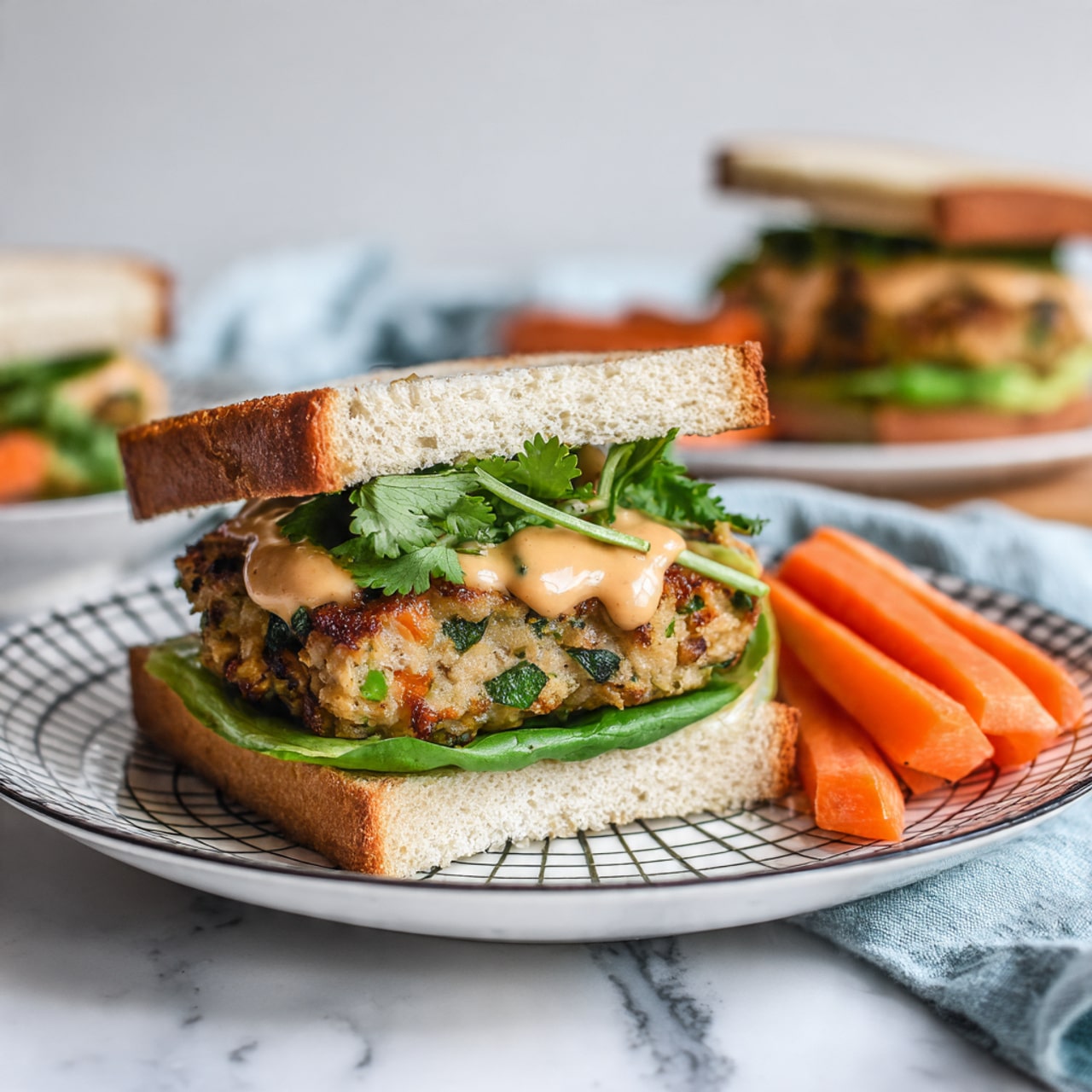 A white plate with a black grid pattern holds a sandwich with three layers: a bottom layer of light brown bread, a middle layer of bright green lettuce leaf, and a thick patty with green and brown specks topped with smooth, tan sauce. On top of the sauce are fresh green cilantro leaves. Next to the sandwich are several bright orange carrot sticks. The plate sits on a white marbled surface with a light blue cloth on the side. The background is softly blurred with another similar sandwich partly visible. photo taken with an iphone --ar 4:5 --v 7