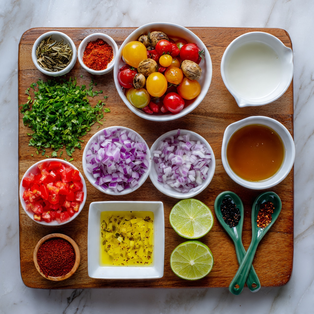 A wooden board filled with various colorful chopped ingredients and small white dishes is placed on a white marbled surface. At the top center is a small bowl with halved red and yellow cherry tomatoes mixed with mushrooms. To its right is a white dish filled with a white liquid, and below that is another white dish with a brown broth. On the left side of the board, there are chopped red onions and fresh green herbs arranged in small piles. Near the bottom center, there is a square white dish with yellow oil, surrounded by chopped red bell peppers, chopped purple/yellow cubes, three garlic cloves, and small green chopped chilies with two lime wedges beside them. Additionally, three small green spoons hold salt, red paste, and cumin seeds. A small bowl with red powder is also on the bottom left corner. photo taken with an iphone --ar 4:5 --v 7