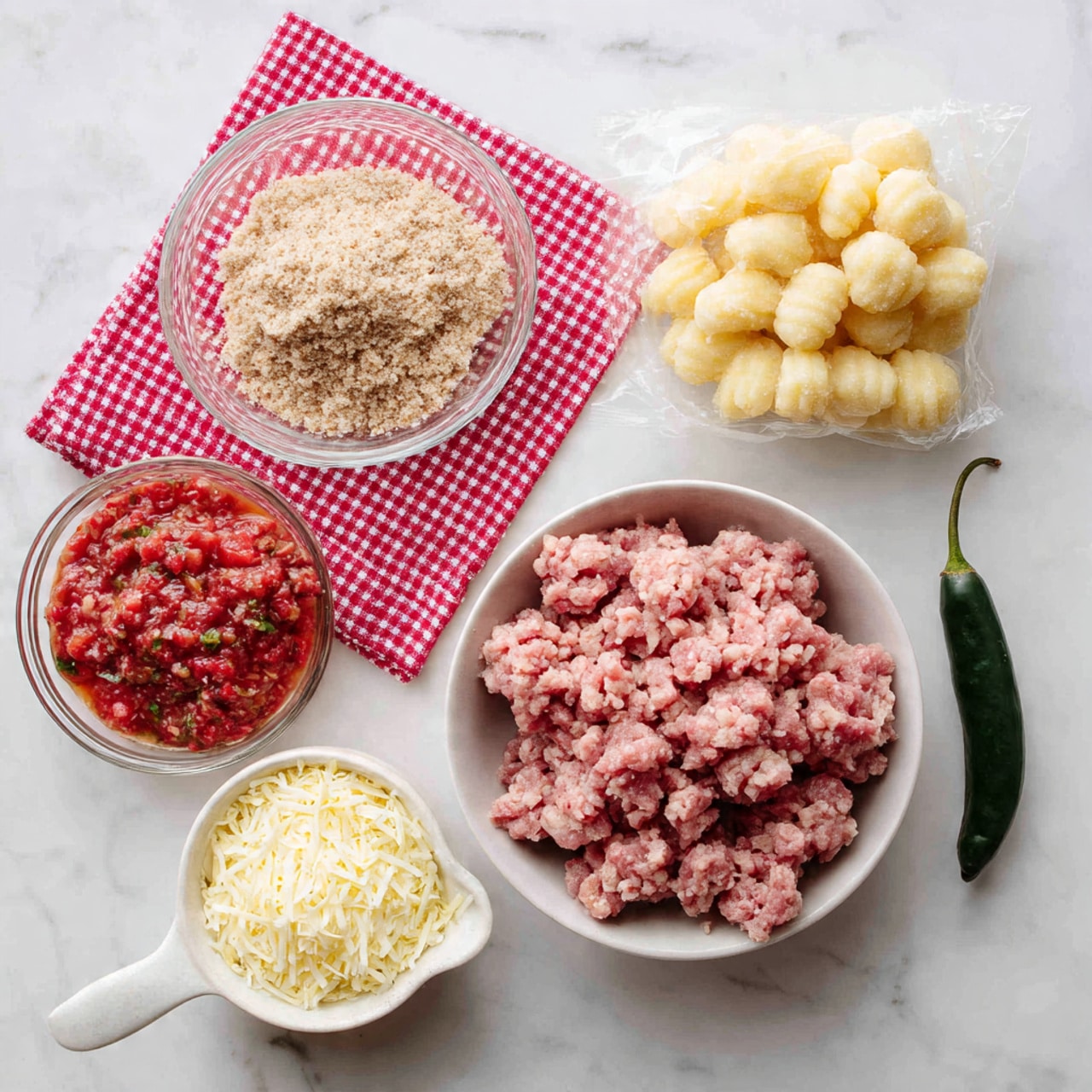 The image shows six food items placed on a white marbled surface. At the top left, there is a red and white checkered cloth with a small clear glass bowl filled with light brown crumbs on it. To the right, a clear plastic bag contains pale yellow pieces of gnocchi. Below the cloth, a white bowl holds raw ground meat with pink and light red colors and a rough texture. Near the center right, a clear small bowl has chunky red tomato salsa with green bits. At the bottom left, a small white bowl with a spout is filled with shredded pale yellow cheese. Finally, a dark green chili pepper lies on the surface to the right of the cheese. photo taken with an iphone --ar 4:5 --v 7