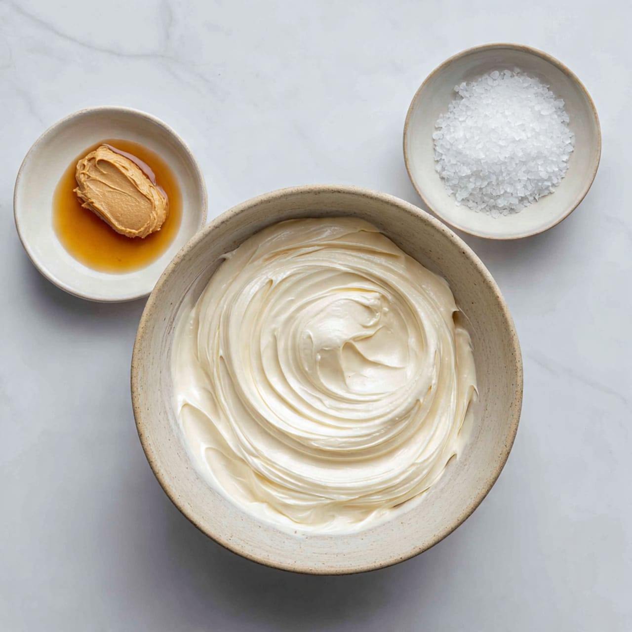 A large bowl filled with a thick, creamy white whipped mixture swirled gently in the center, placed on a white marbled textured surface. Above it, two small white bowls: one on the left containing a small piece of light brown paste in a pool of golden oil, and the other on the right filled with coarse white salt crystals. The bowls have a simple, natural ceramic finish, and all items are arranged neatly with soft natural light. photo taken with an iphone --ar 4:5 --v 7