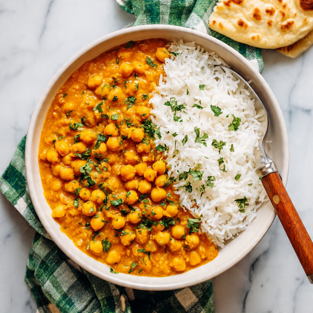 A close-up view of a stainless steel pan filled with thick orange-brown chickpea curry sauce, dotted with whole chickpeas and small green herb pieces scattered on top. A wooden spoon is stirring the curry, lifting a scoop of the creamy, textured sauce. The pan sits on a white marbled surface with a green and white checkered cloth underneath, a piece of flatbread partly torn in the top left corner, and a white bowl with rice and a smaller white bowl with chopped green herbs in the background. Photo taken with an iphone --ar 4:5 --v 7