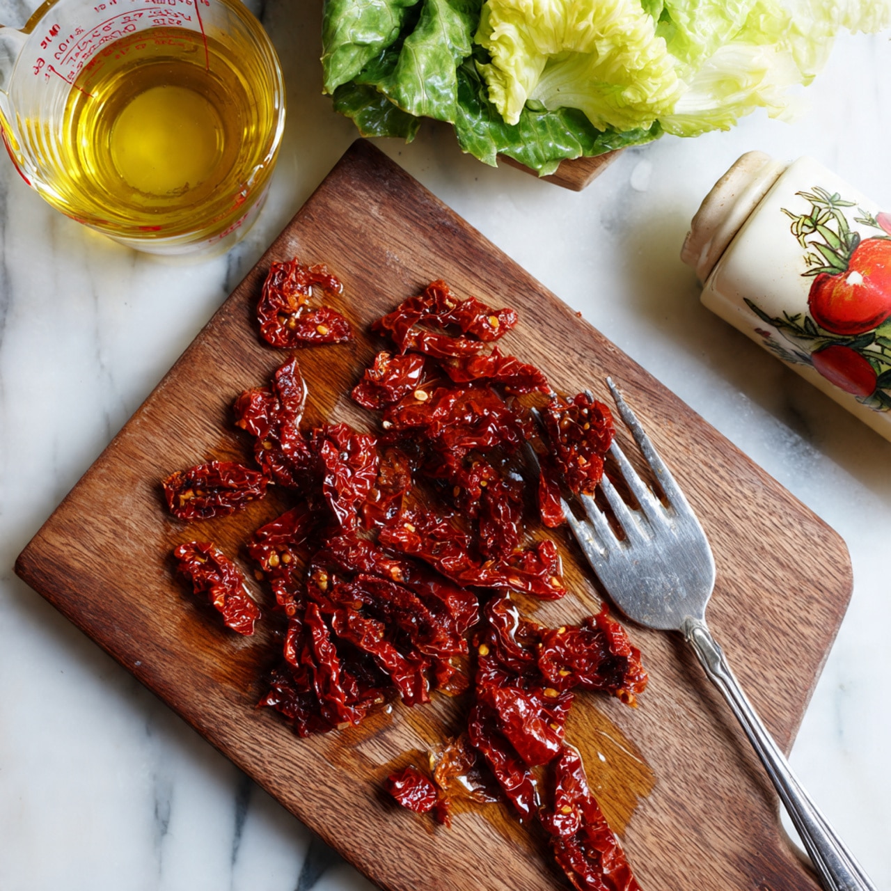 On a wooden cutting board, there are small piles of dark red, finely chopped sun-dried tomatoes with a glossy, oily texture, showing some moisture and shine. A silver fork lies next to the chopped tomatoes, with its tines partly covered by the pieces. To the left, there is a clear glass measuring cup containing amber-colored oil, partially visible. On the right side, part of a white bottle with colorful red and green tomato designs is seen, along with some green lettuce in the background. The whole scene sits on a white marbled surface. Photo taken with an iphone --ar 4:5 --v 7