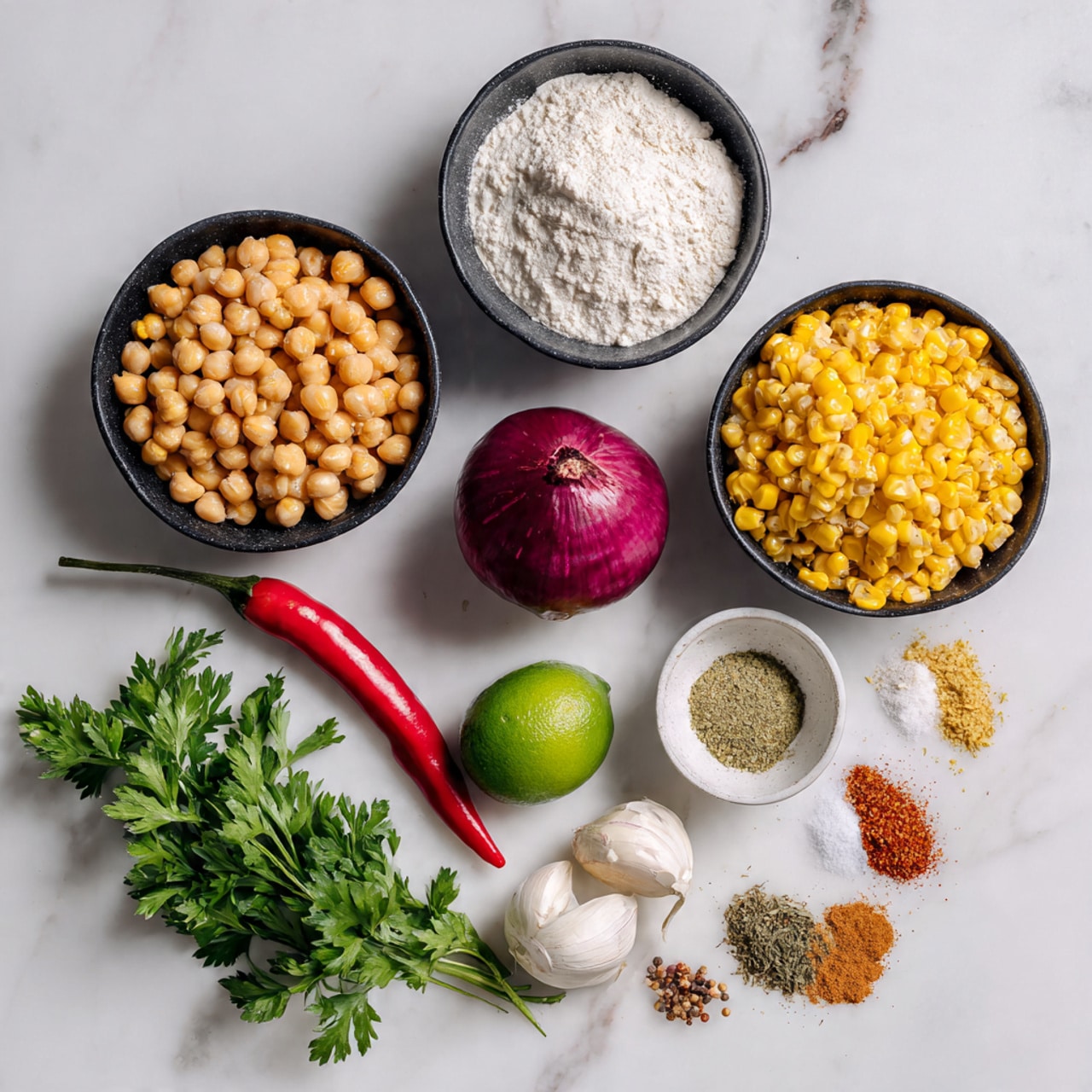 The image shows a flat lay of cooking ingredients arranged neatly on a white marbled surface. There are four small black bowls, the top left has light brown chickpeas, the top right contains white flour, the bottom right holds yellow roasted corn, and the bottom left is empty with a few spices beside it on the surface. In the middle are a small red onion, a long red chili pepper, two garlic cloves, and a whole lime. Below these, there is a small bunch of green parsley and a small empty white bowl, along with a group of various spices on the surface including salt, ground pepper, chili flakes, brown and green powders. All items are spaced out evenly, creating a clean and organized look photo taken with an iphone --ar 4:5 --v 7