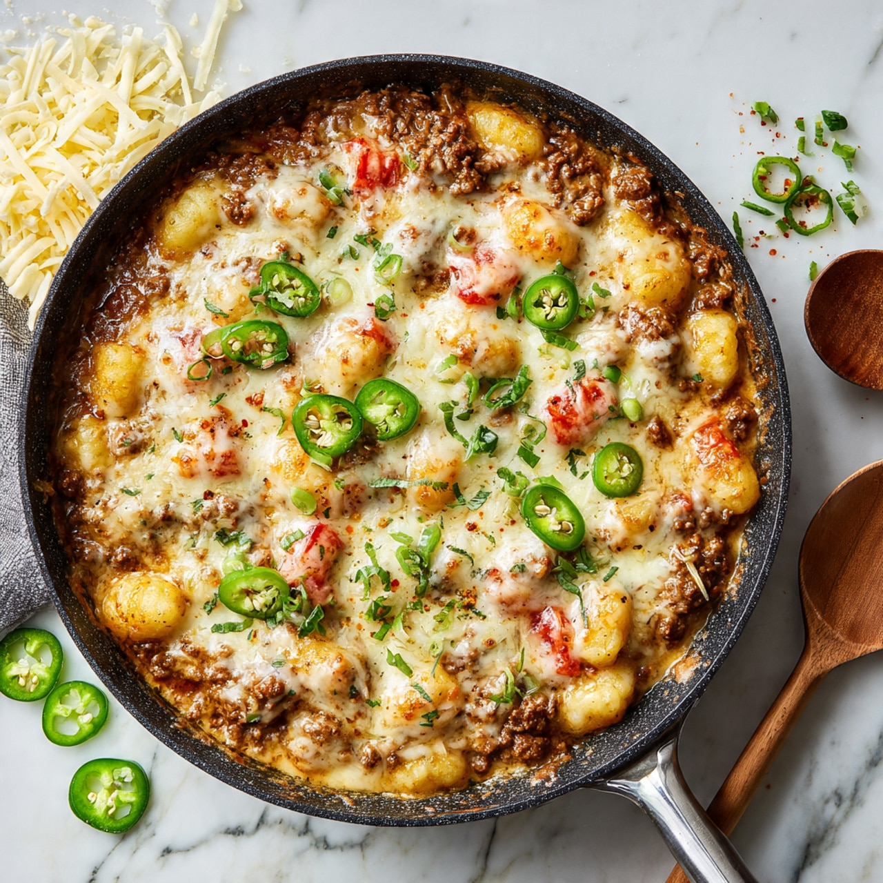 A close-up view of a black cast iron pan filled with a layered gnocchi dish. The bottom layer is soft gnocchi pieces in a pale yellow color, mixed with bits of browned ground meat and tomato sauce, giving warm red and brown tones. Green pepper bits are scattered throughout, adding small pops of green. The top layer is melted white cheese that stretches in thin strings as a wooden spoon lifts a portion, showing a mix of all the layers blending together. The pan sits on a white marbled surface, with a blurred background featuring a glass container of red sauce. photo taken with an iphone --ar 4:5 --v 7