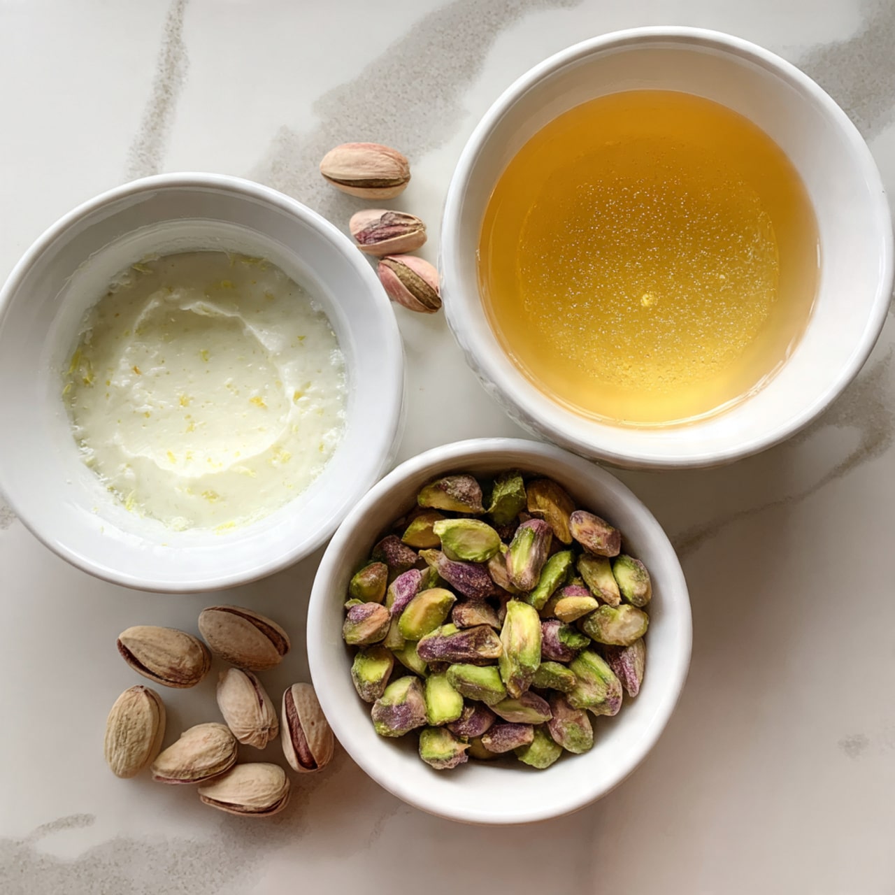 The image shows three white bowls on a white marbled surface. One bowl is filled with golden honey, smooth and shiny. Another bowl has a soft, white creamy mixture that looks thick and light. The third bowl holds green and brown pistachios. All bowls are placed separately with clear space around them. Photo taken with an iphone --ar 4:5 --v 7