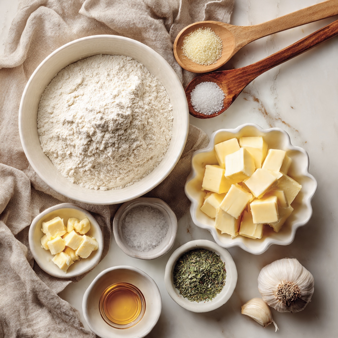 A round white bowl filled with white flour forms the center of the image, placed on a crumpled light brown cloth over a white marbled surface. Above the bowl, two wooden spoons lay side by side, one holding a light beige powder and the other coarse white salt. To the right of the flour bowl, a white scalloped bowl holds many small yellow cubes of butter. Below the butter bowl is a tiny container with a small amount of amber liquid inside. Below the main bowl, there are three small white and gray bowls: the left one has pale yellow butter chunks, the middle one contains finely chopped green herbs, and the smallest one holds dried green herbs. On the bottom right corner, two cloves of garlic rest on the white marbled surface. Photo taken with an iphone --ar 4:5 --v 7