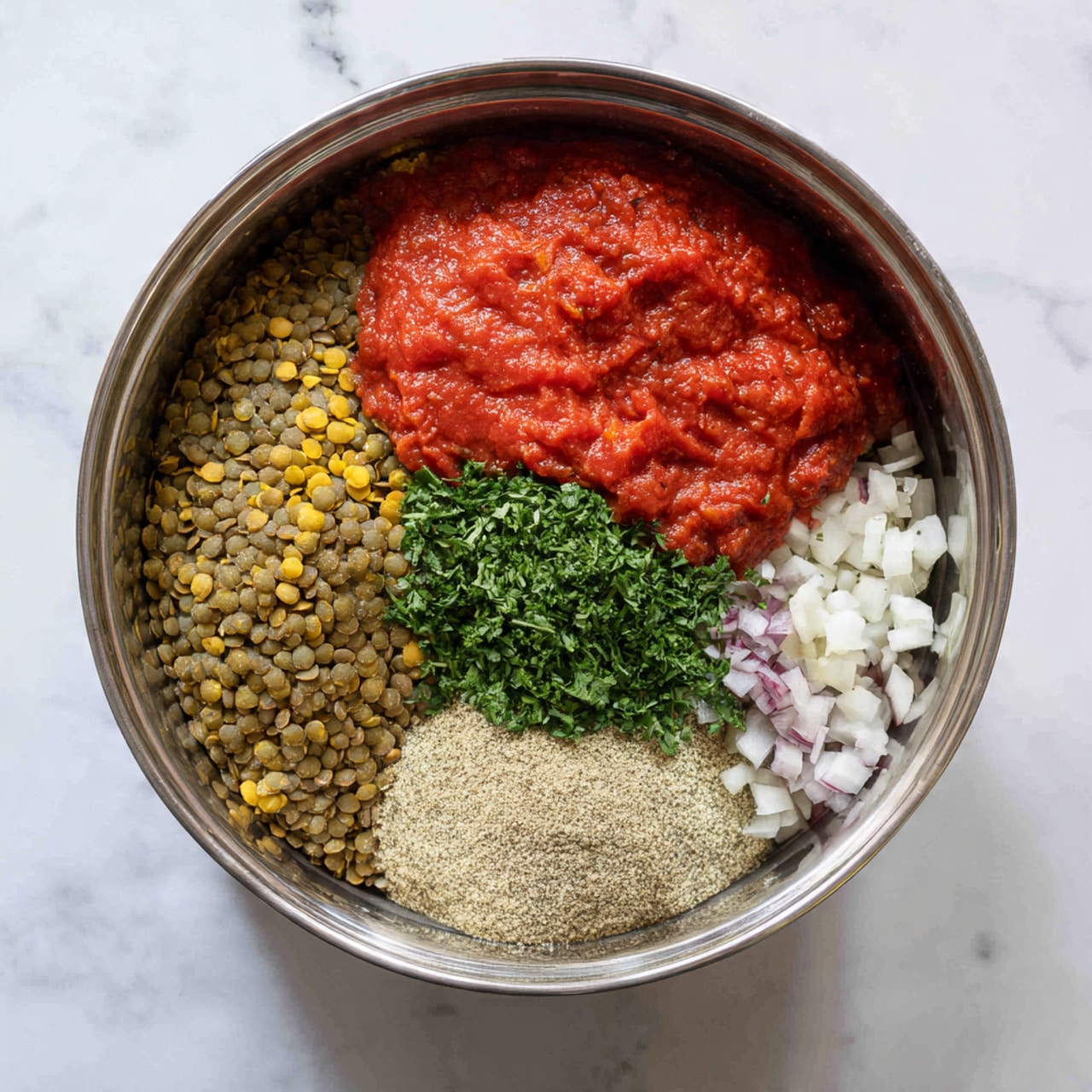 Inside a round metal slow cooker, there are five clear layers arranged side by side, filling the pot evenly. On the left, a layer of light brown lentils with some yellow pieces shows a dry, grainy texture. Next to it, on the top right, is a bright red chunky tomato sauce with a thick texture. Below the sauce, there is fresh green chopped parsley with a leafy look. At the bottom right, a layer of small white and purple pieces of chopped onion is visible. In the middle, beige ground spice powder lies smooth and piled up. The whole scene is set on a white marbled surface. photo taken with an iphone --ar 4:5 --v 7