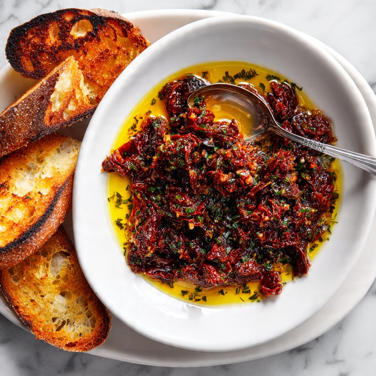 A white ceramic plate filled with a dark reddish-brown oily dip mixed with finely chopped green herbs and small pieces of red chili, creating a textured and glossy surface. On top and around the dip, there are several pieces of toasted bread with a golden-brown crunchy crust and soft, airy white inside, some dipped in the sauce. A silver spoon rests inside the plate, partially submerged in the sauce, holding some of the dip and bread. The plate is placed on a white marbled surface that adds a clean and elegant contrast to the rich colors of the dip and bread. photo taken with an iphone --ar 4:5 --v 7