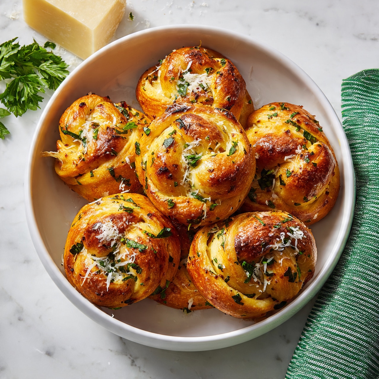 Inside a black air fryer basket, there are nine golden brown knotted rolls sprinkled with chopped green herbs and black pepper. The rolls have a shiny, slightly crisp texture and are arranged closely together, filling most of the basket. Around the air fryer on a white marbled surface, there is a green and white striped towel on the left, fresh curly green parsley on the top left and top right, a white plate with some parsley on the upper right, and a wedge of light yellow cheese in the top center. photo taken with an iphone --ar 4:5 --v 7