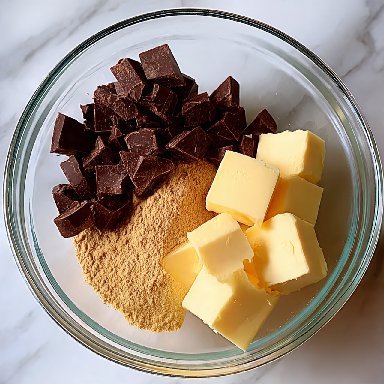 A clear glass bowl on a white marbled surface holds three separate parts: small dark brown chocolate chunks piled on one side, a light tan powder of cocoa resting next to it, and pale yellow cubes of butter on the other side. The three ingredients sit neatly in the bowl without mixing. Photo taken with an iphone --ar 4:5 --v 7