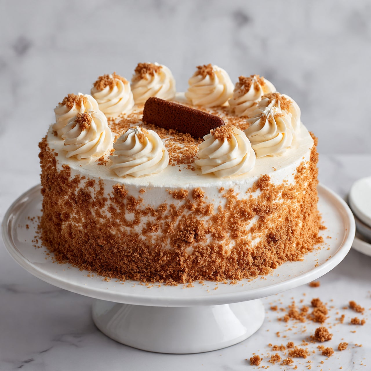 A slice of four-layer light brown cake rests on a white plate with a white marbled background. Each layer of cake is separated by smooth, creamy white frosting with a thin caramel-colored drizzle in between. The cake slice leans slightly to the right, showing crumbly brown topping and a swirl of caramel-colored cream mixed with white frosting at the base on the right side. In the background, blurred, there are more cake slices on white plates. Photo taken with an iphone --ar 4:5 --v 7