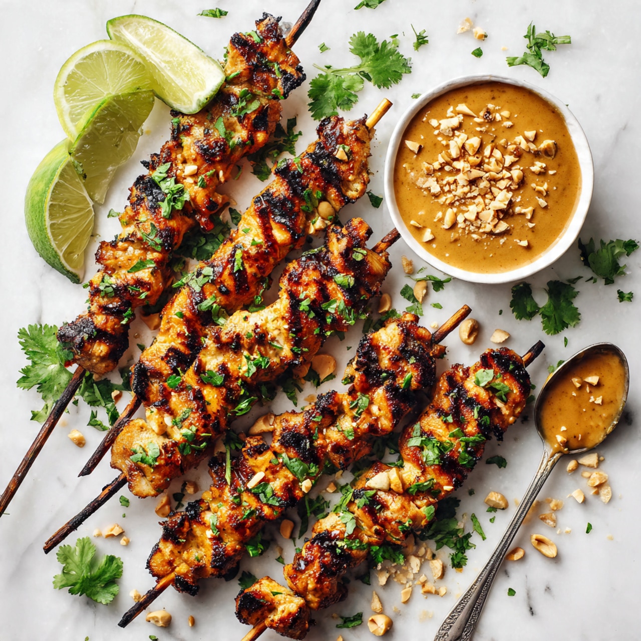Several grilled chicken skewers with light brown color and dark grill marks lay scattered on a white marbled surface. The skewers are sprinkled with chopped green cilantro leaves and small pieces of crushed peanuts. On the right side, a small white bowl filled with creamy brown peanut sauce topped with crushed peanuts sits next to two lime wedges and more cilantro leaves. A shiny silver spoon with some peanut sauce on it is placed near the bowl. The overall scene is bright and fresh, with vibrant green garnishes adding color contrast photo taken with an iphone --ar 4:5 --v 7