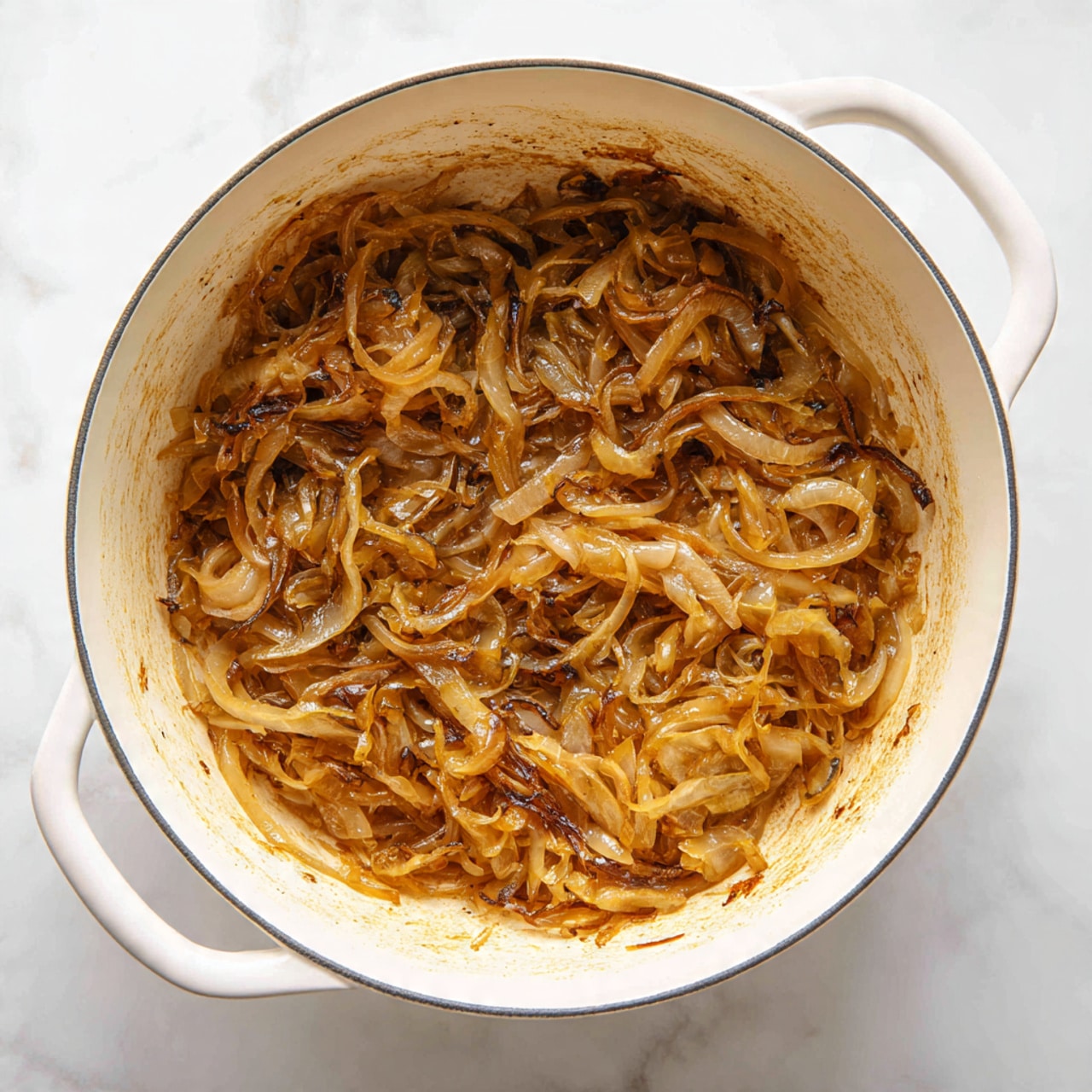 In the image, there is a white pot filled with many caramelized onions. The onions are soft and have a rich brown color with some darker, almost blackened spots showing deep cooking. The onions look sticky and shiny, with thin slices tangled together covering all the space in the pot. The inside of the pot is white with some light stains from cooking around the edges. The whole scene sits on a white marbled surface. photo taken with an iphone --ar 4:5 --v 7