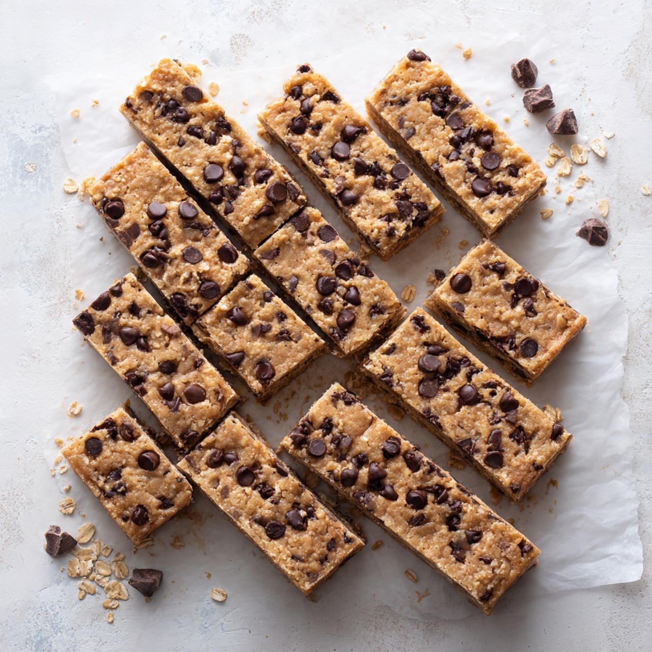 A square granola bar with one visible layer showing a textured mix of light golden oats and several dark brown chocolate chips embedded on top, placed on a white marbled surface, with another similar granola bar partially visible above it and the edge of a third one below. photo taken with an iphone --ar 4:5 --v 7
