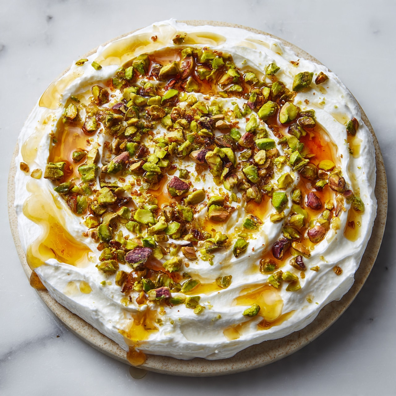This close-up image shows a creamy white layer of soft yogurt spread unevenly in a circular shape on a white marbled surface. On top, there is a thick drizzle of golden honey pooling slightly in some areas. Scattered generously over the yogurt and honey are chunky green and brown pieces of pistachio nuts, creating a rough and textured look. The yogurt edges show some soft peaks and swirls. The contrast between the bright white yogurt, shiny amber honey, and rough pistachio pieces creates a rich and inviting visual. photo taken with an iphone --ar 4:5 --v 7