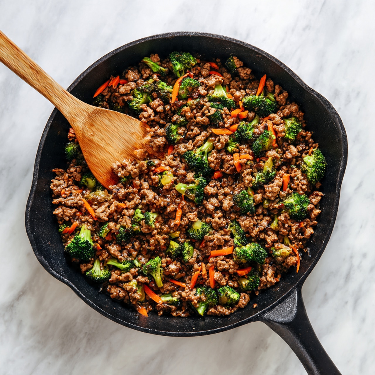A round white bowl filled with two main layers: the bottom layer is fluffy, light brown rice, while the top layer is a mix of cooked ground meat, shredded orange carrots, small green broccoli pieces, and diced green onions. The meat mixture looks saucy and has some sesame seeds sprinkled on top. The bowl sits on a white marbled surface with part of another bowl with similar rice visible in the top left corner, wooden chopsticks resting above, and small dishes containing chopped green onions and sesame seeds around it. photo taken with an iphone --ar 4:5 --v 7