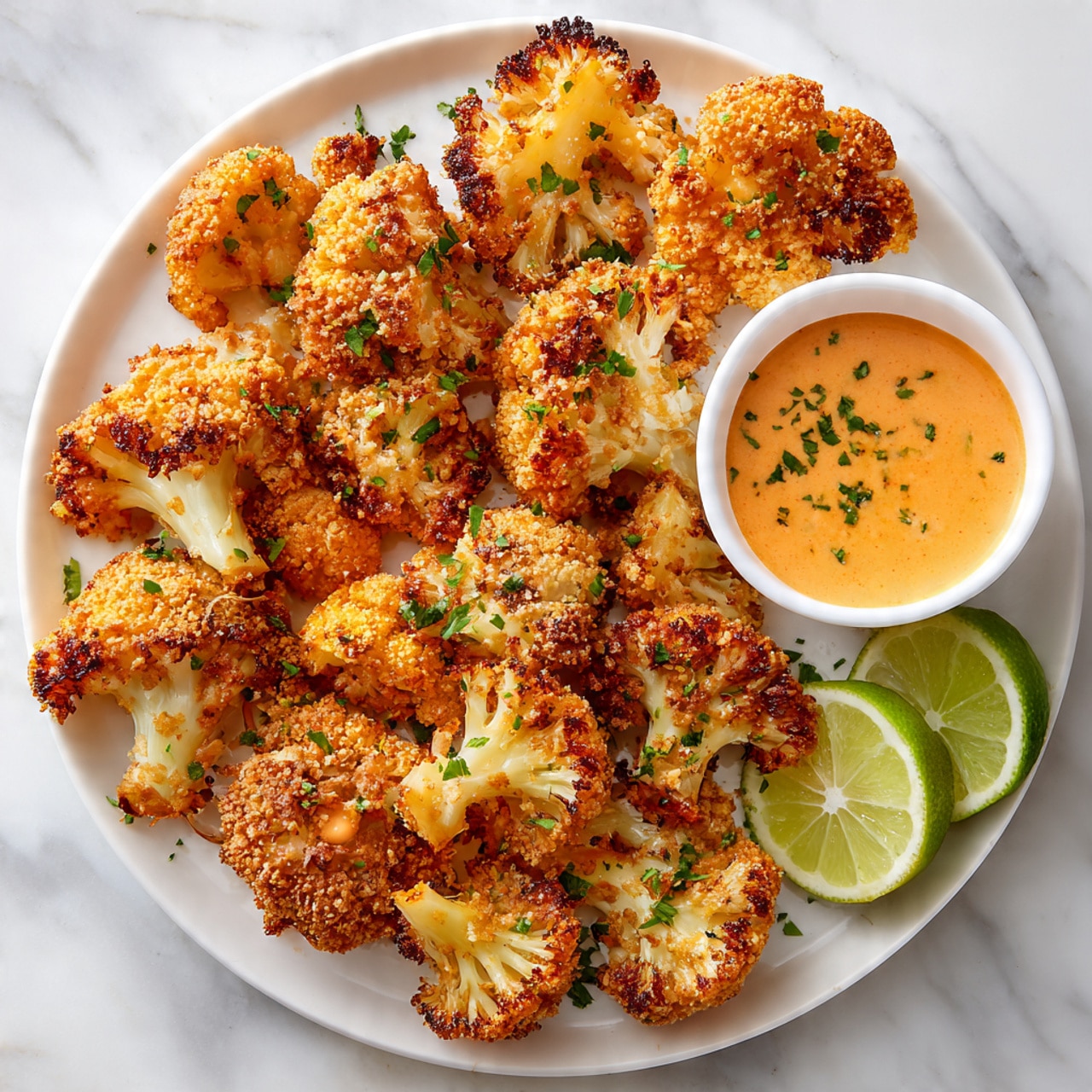 The image shows nine pieces of fried cauliflower inside a black air fryer basket. Each cauliflower piece is golden brown with a crispy, textured surface with some darker browned spots from cooking. The pieces are spaced out evenly on the wire mesh basket, which has a crisscross pattern. The background visible through the air fryer is dark, highlighting the cauliflower pieces. The photo taken with an iphone --ar 4:5 --v 7