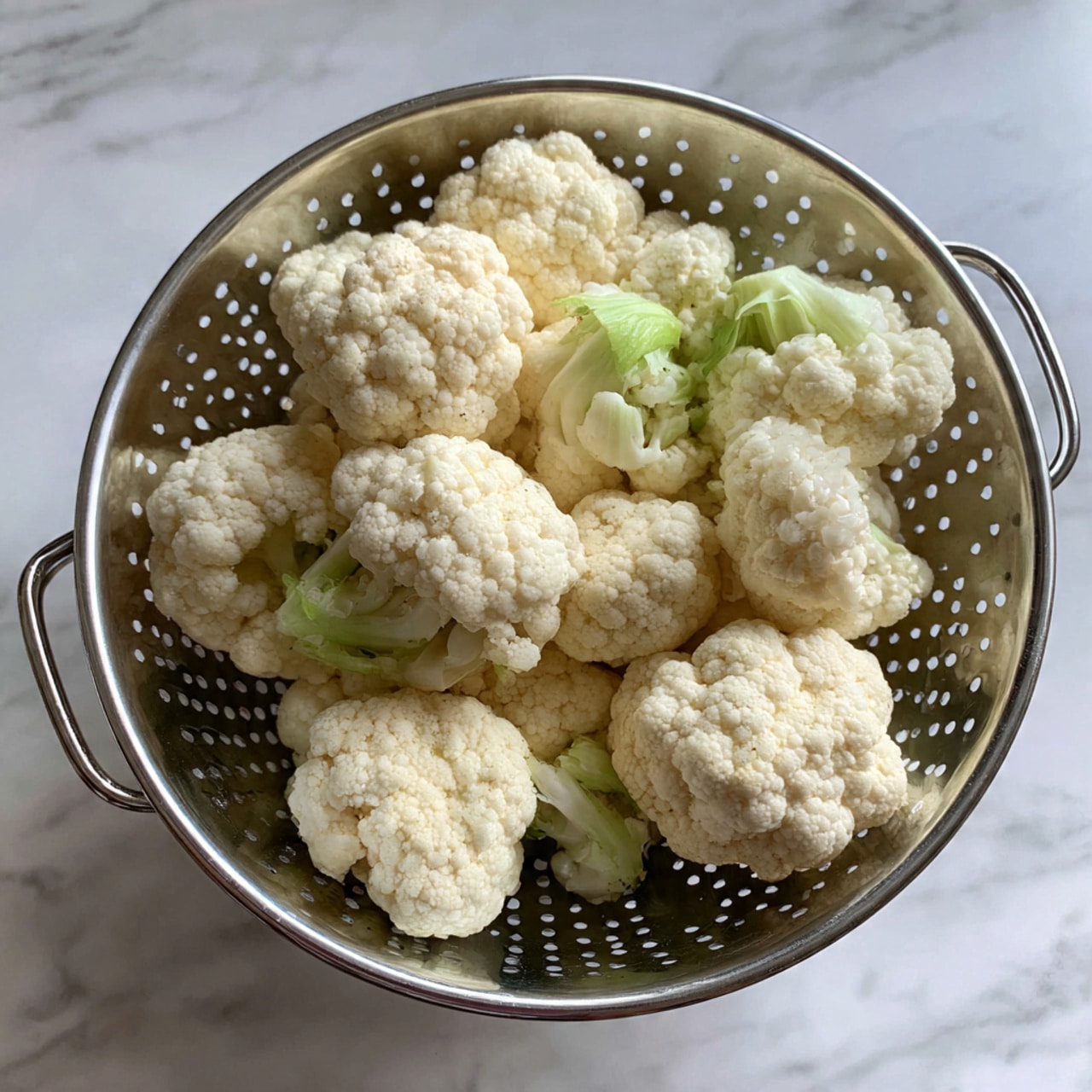 A close-up top view of a silver metal colander filled with fresh white cauliflower florets, showing their bumpy textures and small greenish stems. The colander has small holes and water droplets are visible on the colander’s edges. The colander sits on a white marbled surface photo taken with an iphone --ar 4:5 --v 7