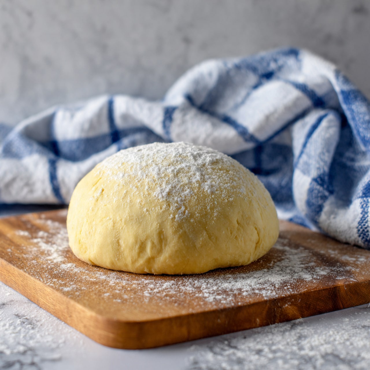 A round ball of dough rests on a wooden board, dusted lightly with white flour. The dough is smooth and pale yellow with a soft, slightly puffy texture, and a light dusting of flour on its surface. In the background, a white and blue checkered cloth is softly folded, adding a cozy touch. The scene sits on a white marbled surface, highlighting the warm tones of the wooden board and dough. Photo taken with an iphone --ar 4:5 --v 7