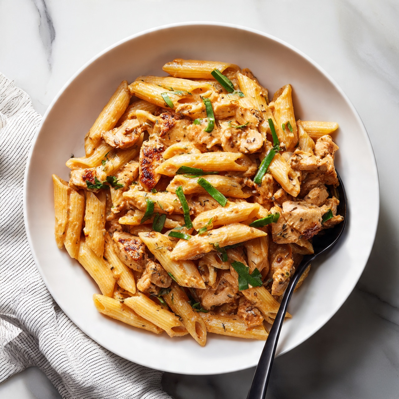 A silver pan filled with cooked penne pasta mixed with pieces of light brown cooked chicken and a creamy light brown sauce, all sprinkled with chopped green onions. A wooden spoon is placed inside the pan on the right side. The pan is set on a white marbled surface. photo taken with an iphone --ar 4:5 --v 7